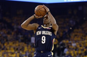 OAKLAND, CA - MAY 08:  Rajon Rondo #9 of the New Orleans Pelicans shoots the ball against the Golden State Warriors during Game Five of the Western Conference Semifinals of the 2018 NBA Playoffs at ORACLE Arena on May 8, 2018 in Oakland, California.  NOTE