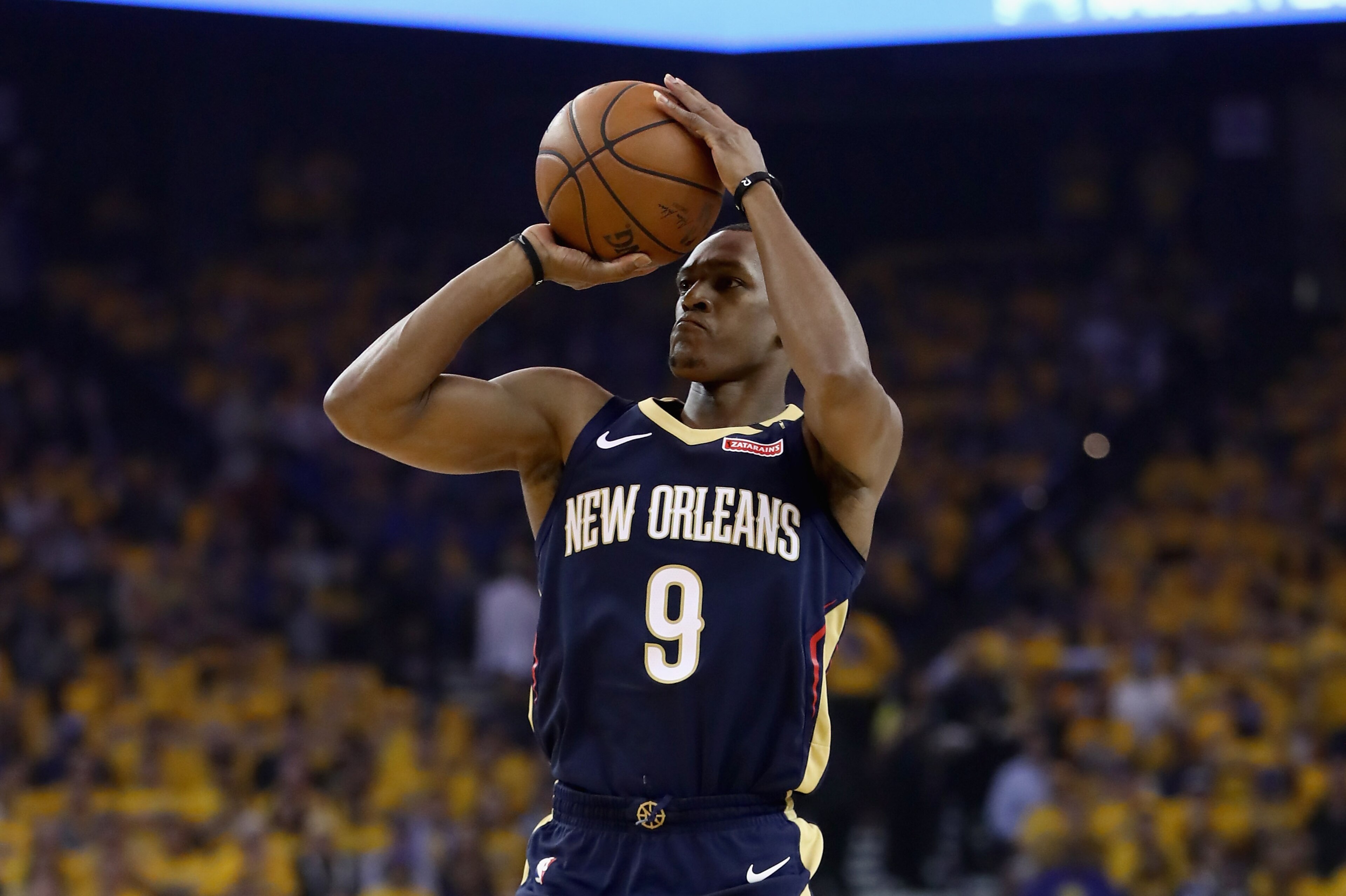 OAKLAND, CA - MAY 08:  Rajon Rondo #9 of the New Orleans Pelicans shoots the ball against the Golden State Warriors during Game Five of the Western Conference Semifinals of the 2018 NBA Playoffs at ORACLE Arena on May 8, 2018 in Oakland, California.  NOTE