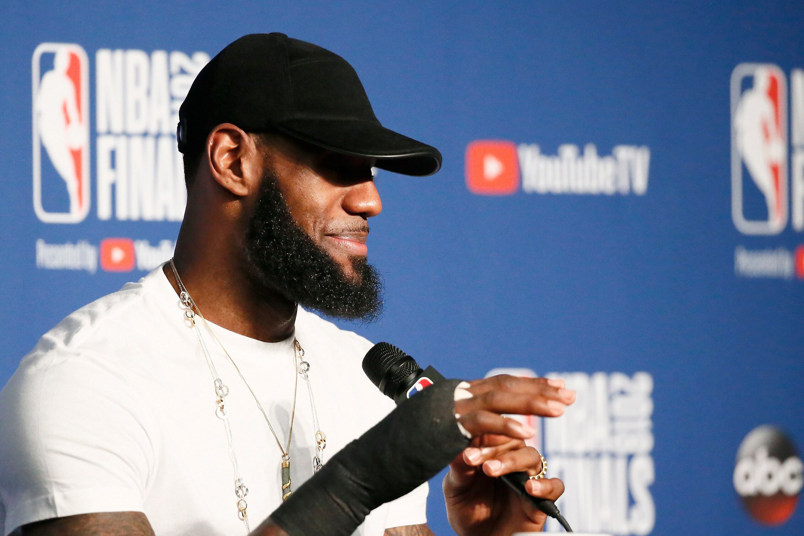 CLEVELAND, CA - JUN 8:  LeBron James #23 of the Cleveland Cavaliers talks to the media after being defeated by the Golden State Warriors in Game Four of the 2018 NBA Finals won 108-85 by the Golden State Warriors over the Cleveland Cavaliers at the Quicke