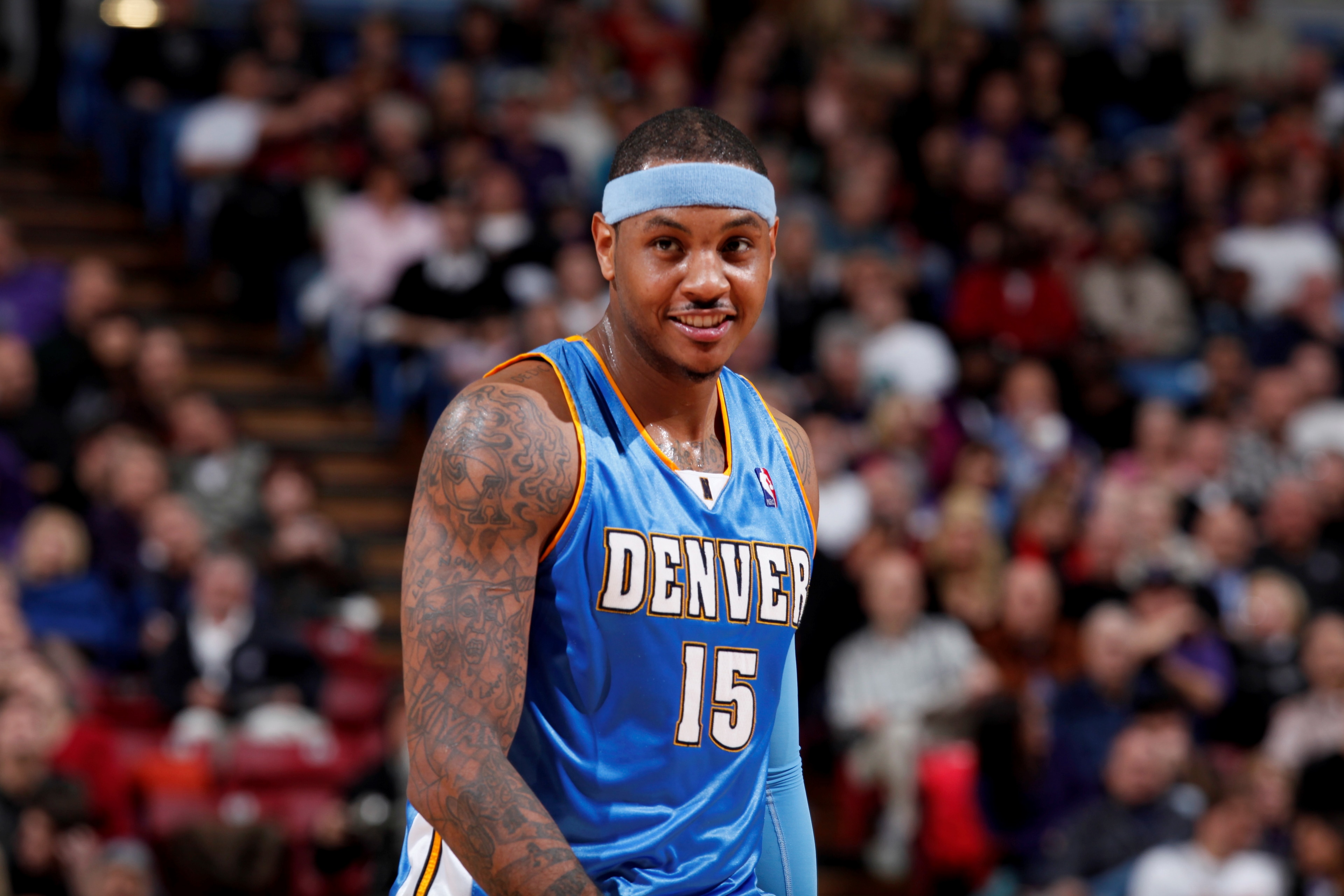 SACRAMENTO, CA - DECEMBER 28: Carmelo Anthony #15 of the Denver Nuggets flashes his smile before taking on the Sacramento Kings on December 28, 2009 at ARCO Arena in Sacramento, California. NOTE TO USER: User expressly acknowledges and agrees that, by dow