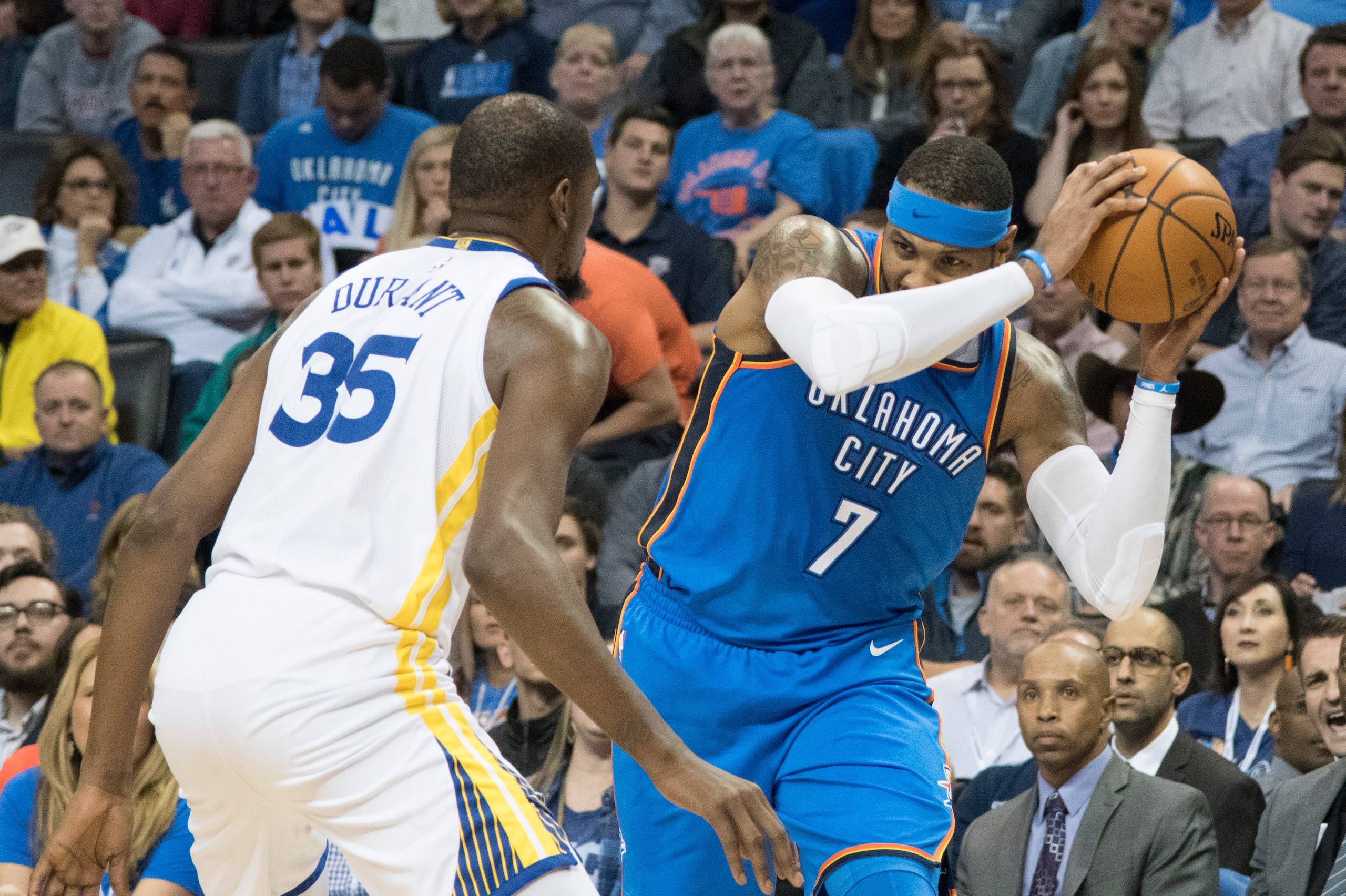OKLAHOMA CITY, OK - NOVEMBER 22: Carmelo Anthony #7 of the Oklahoma City Thunder keeps the  ball away from Kevin Durant #35 of the Golden State Warriors during the first half of a NBA  game at the Chesapeake Energy Arena on November 22, 2017 in Oklahoma C