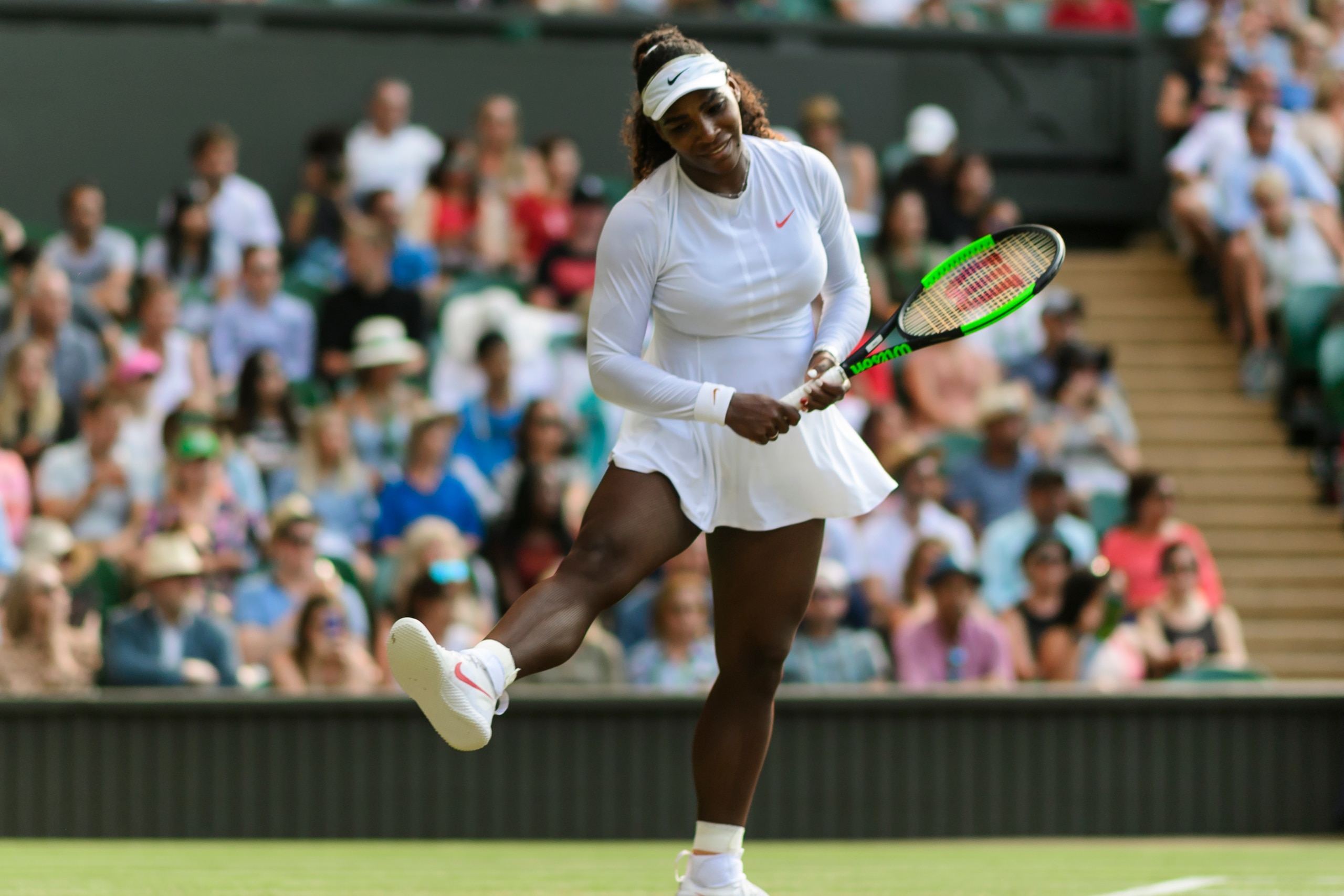 LONDON, ENGLAND - JULY 06: Serena Williams of the United States in action against  Kristina Mladenovic of France in the third round of the ladies singles at the All England Lawn Tennis and Croquet Club on July 6, 2018 in London, England. (Photo by TPN/Get
