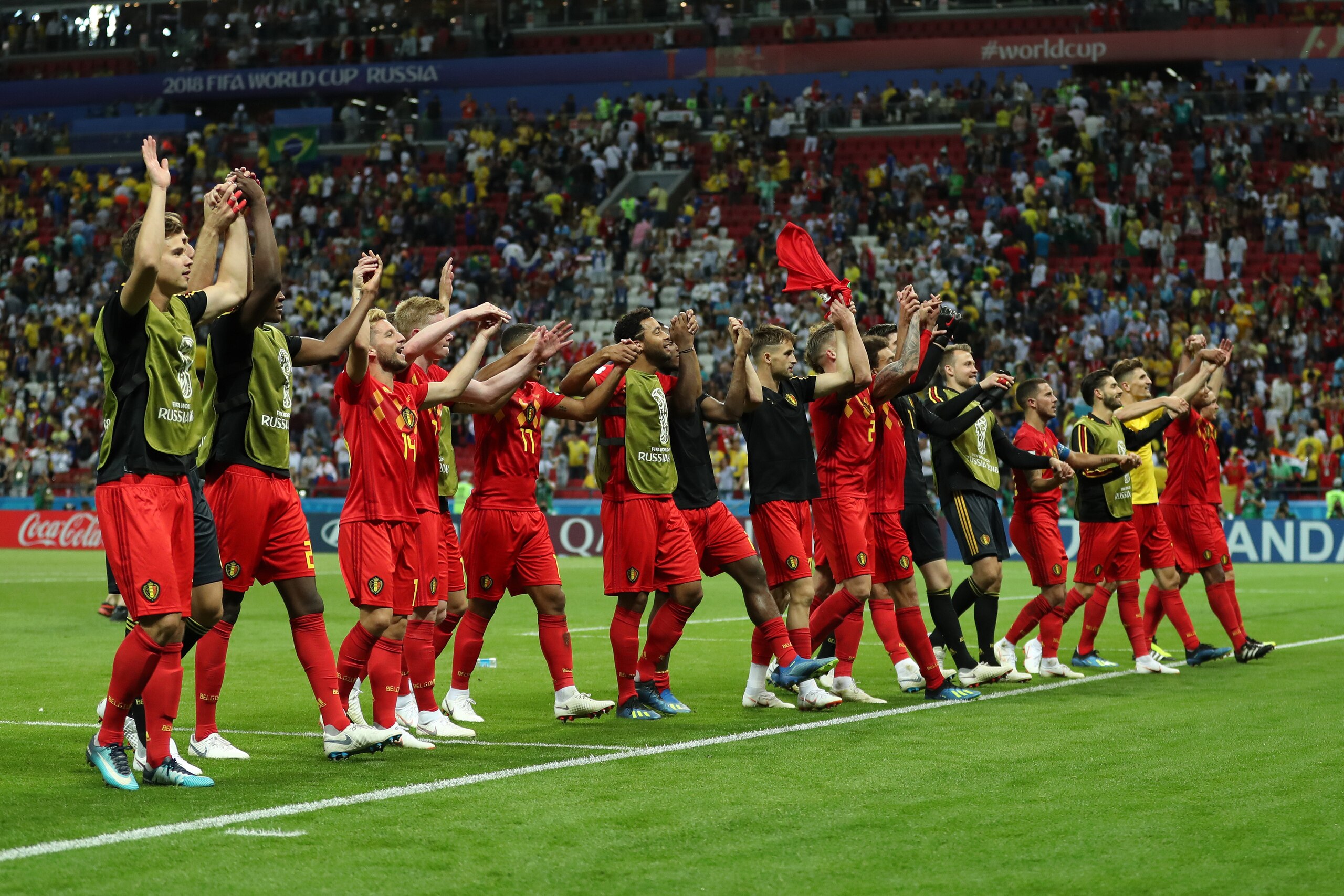 KAZAN, RUSSIA - JULY 06:  Belgium players acknowledges the fans followingthe 2018 FIFA World Cup Russia Quarter Final match between Brazil and Belgium at Kazan Arena on July 6, 2018 in Kazan, Russia.  (Photo by Catherine Ivill/Getty Images)
