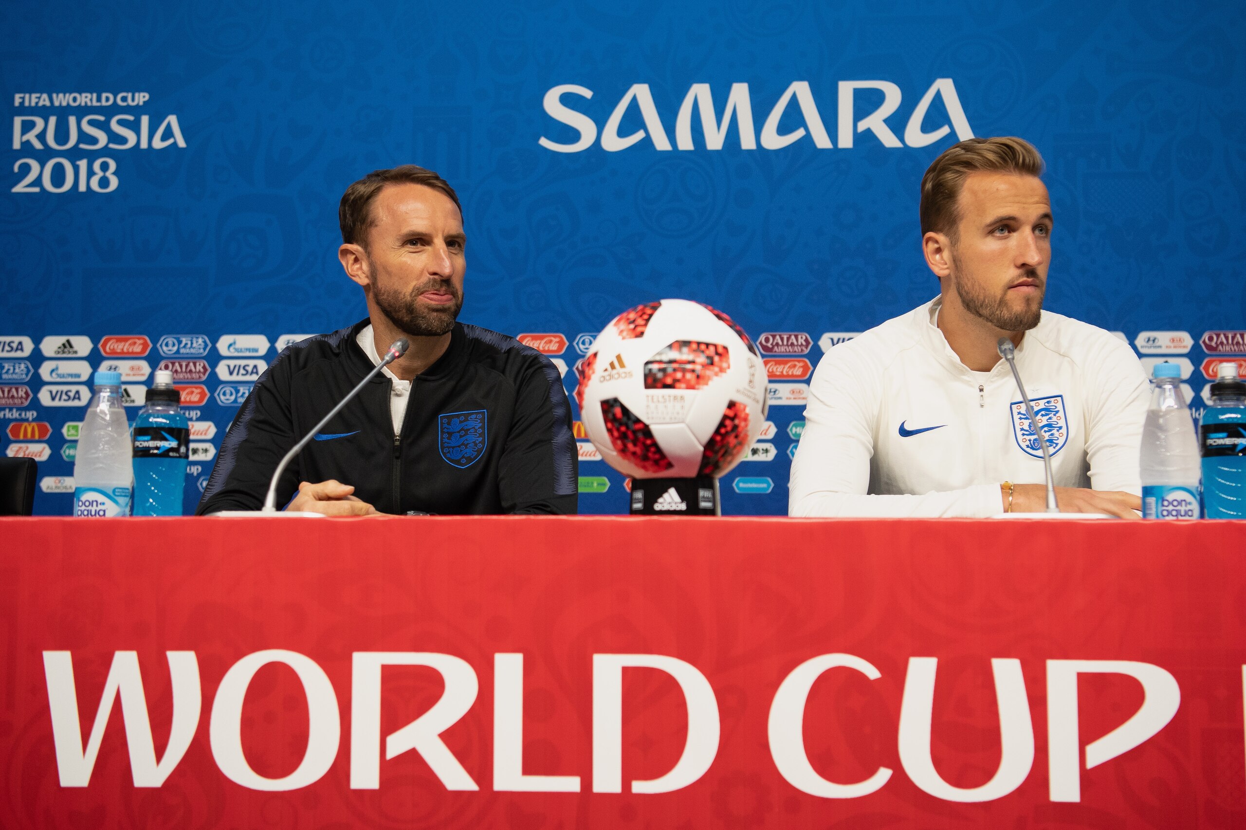 SAMARA, RUSSIA - JULY 06: Gareth Southgate, Manager of England and Harry Kane of England speak during an England press conference at Samara Arena on July 6, 2018 in Samara, Russia. (Photo by Matthias Hangst/Getty Images) SAMARA, RUSSIA - JULY 06: Gareth Southgate, Manager of England and Harry Kane of England speak during an England press conference at Samara Arena on July 6, 2018 in Samara, Russia. (Photo by Matthias Hangst/Getty Images)