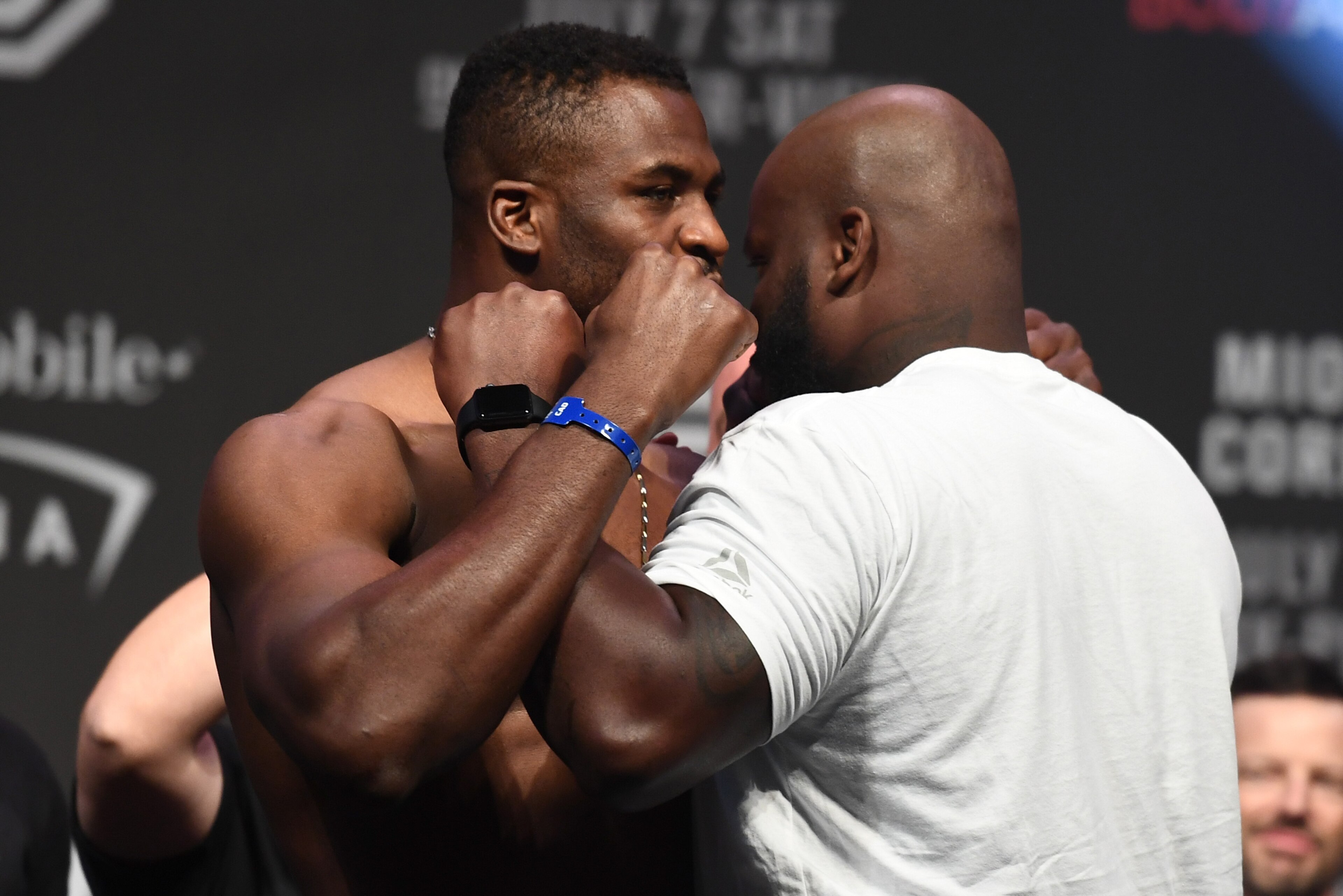 LAS VEGAS, NV - JULY 06:  (L-R) Opponents Francis Ngannou of Cameroon and Derrick Lewis face off during the UFC 226 weigh-in inside T-Mobile Arena on July 6, 2018 in Las Vegas, Nevada. (Photo by Josh Hedges/Zuffa LLC/Zuffa LLC via Getty Images)