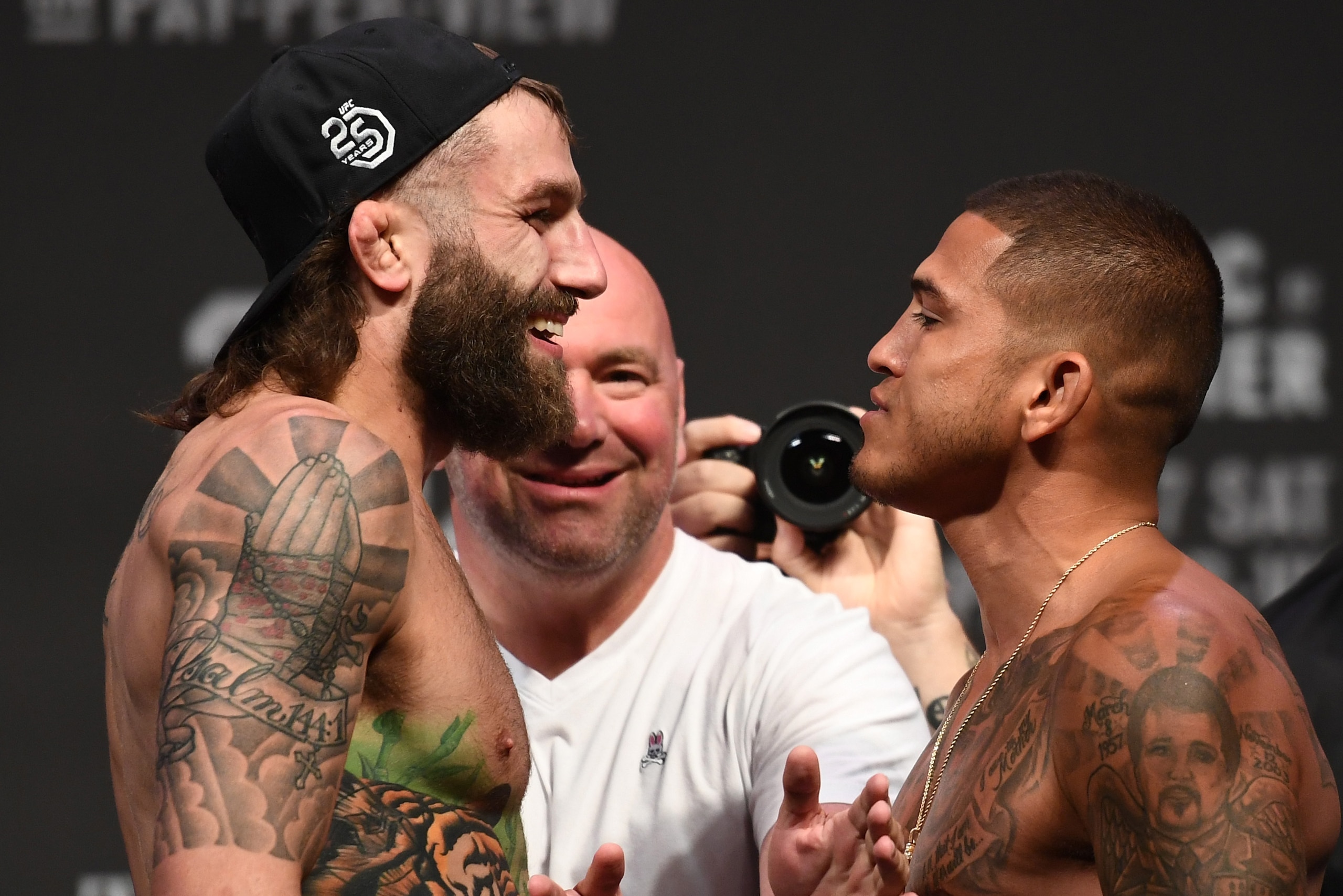 LAS VEGAS, NV - JULY 06:  (L-R) Opponents Michael Chiesa and Anthony Pettis face off during the UFC 226 weigh-in inside T-Mobile Arena on July 6, 2018 in Las Vegas, Nevada. (Photo by Josh Hedges/Zuffa LLC/Zuffa LLC via Getty Images)