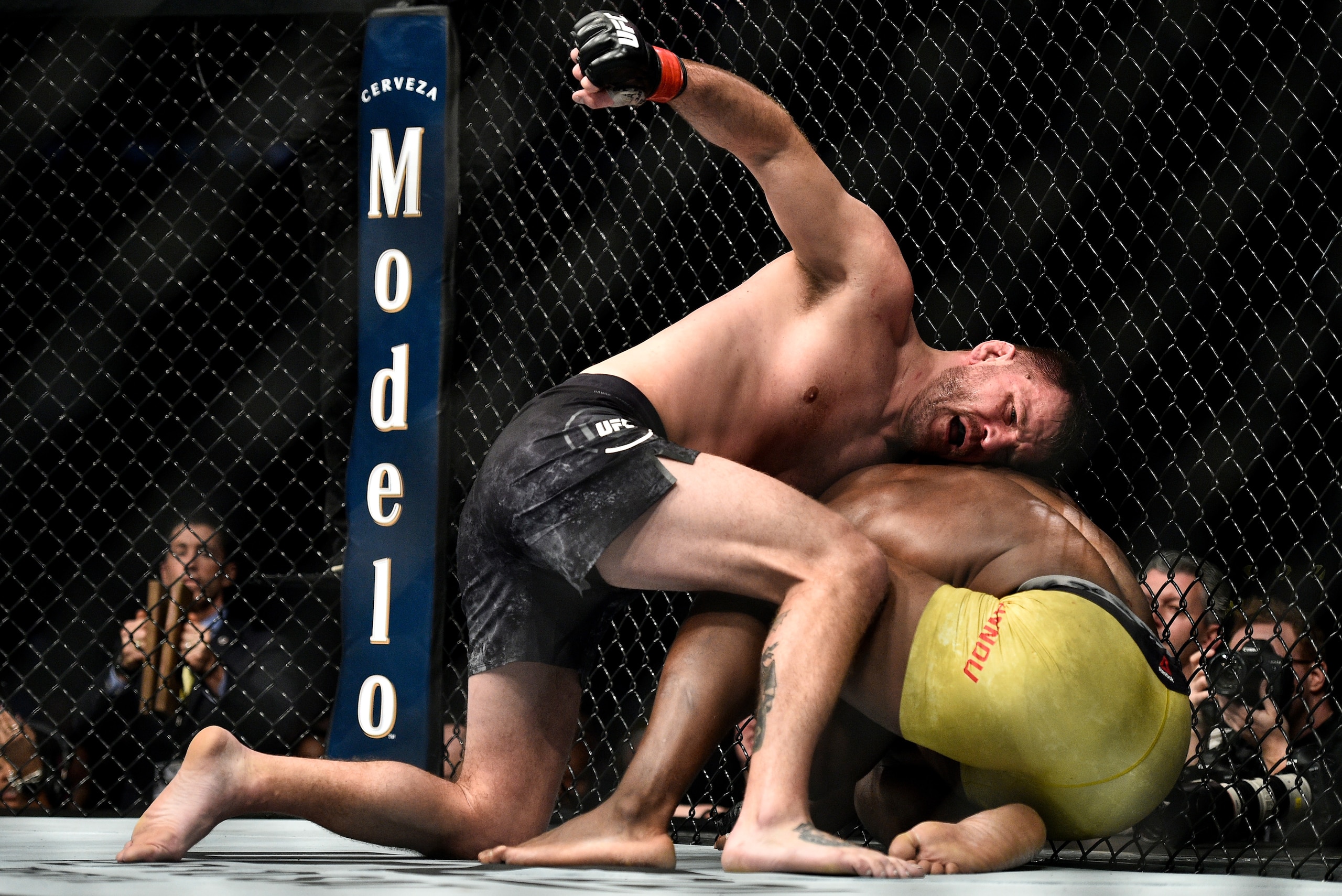 BOSTON, MA - JANUARY 20:  (L-R) Stipe Miocic punches Francis Ngannou of Cameroon in their heavyweight championship bout during the UFC 220 event at TD Garden on January 20, 2018 in Boston, Massachusetts. (Photo by Brandon Magnus/Zuffa LLC/Zuffa LLC via Ge