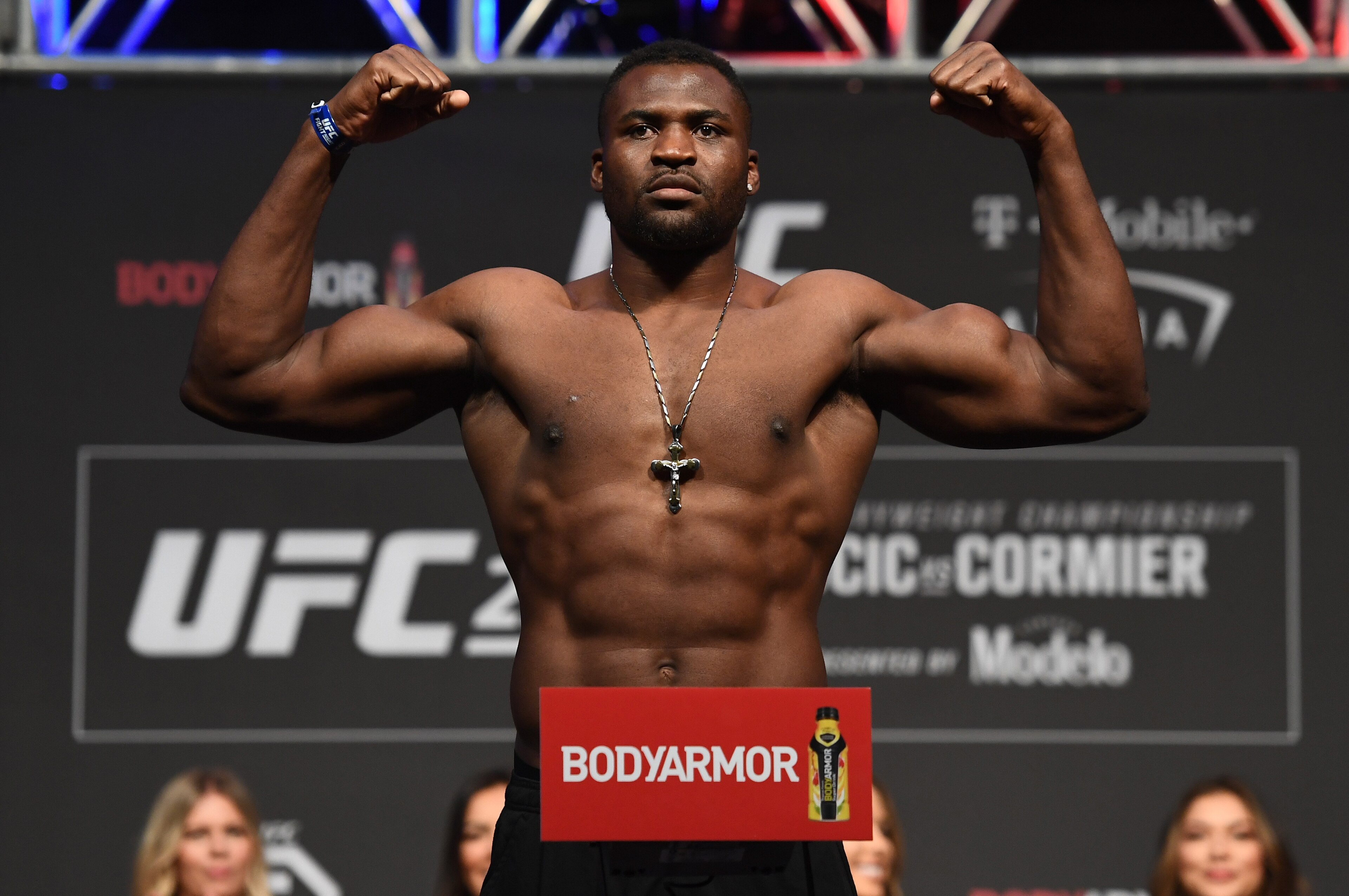 LAS VEGAS, NV - JULY 06: Francis Ngannou of Cameroon poses on the scale during the UFC 226 weigh-in inside T-Mobile Arena on July 6, 2018 in Las Vegas, Nevada. (Photo by Josh Hedges/Zuffa LLC/Zuffa LLC via Getty Images) LAS VEGAS, NV - JULY 06: Francis Ngannou of Cameroon poses on the scale during the UFC 226 weigh-in inside T-Mobile Arena on July 6, 2018 in Las Vegas, Nevada. (Photo by Josh Hedges/Zuffa LLC/Zuffa LLC via Getty Images)