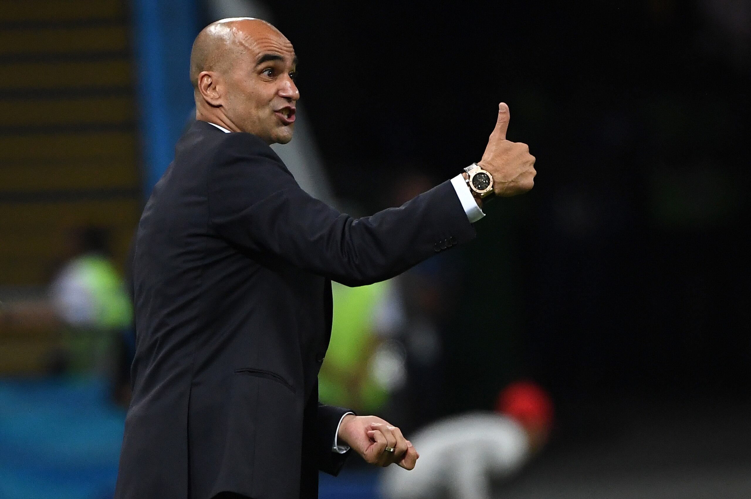 Belgium's coach Roberto Martinez gestures during the Russia 2018 World Cup quarter-final football match between Brazil and Belgium at the Kazan Arena in Kazan on July 6, 2018. (Photo by Jewel SAMAD / AFP) / RESTRICTED TO EDITORIAL USE - NO MOBILE PUSH ALE