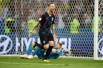 SOCHI, RUSSIA - JULY 07:  Ivan Rakitic of Croatia  scores his sides winning penalty in the penalty shoot out during the 2018 FIFA World Cup Russia Quarter Final match between Russia and Croatia at Fisht Stadium on July 7, 2018 in Sochi, Russia.  (Photo by
