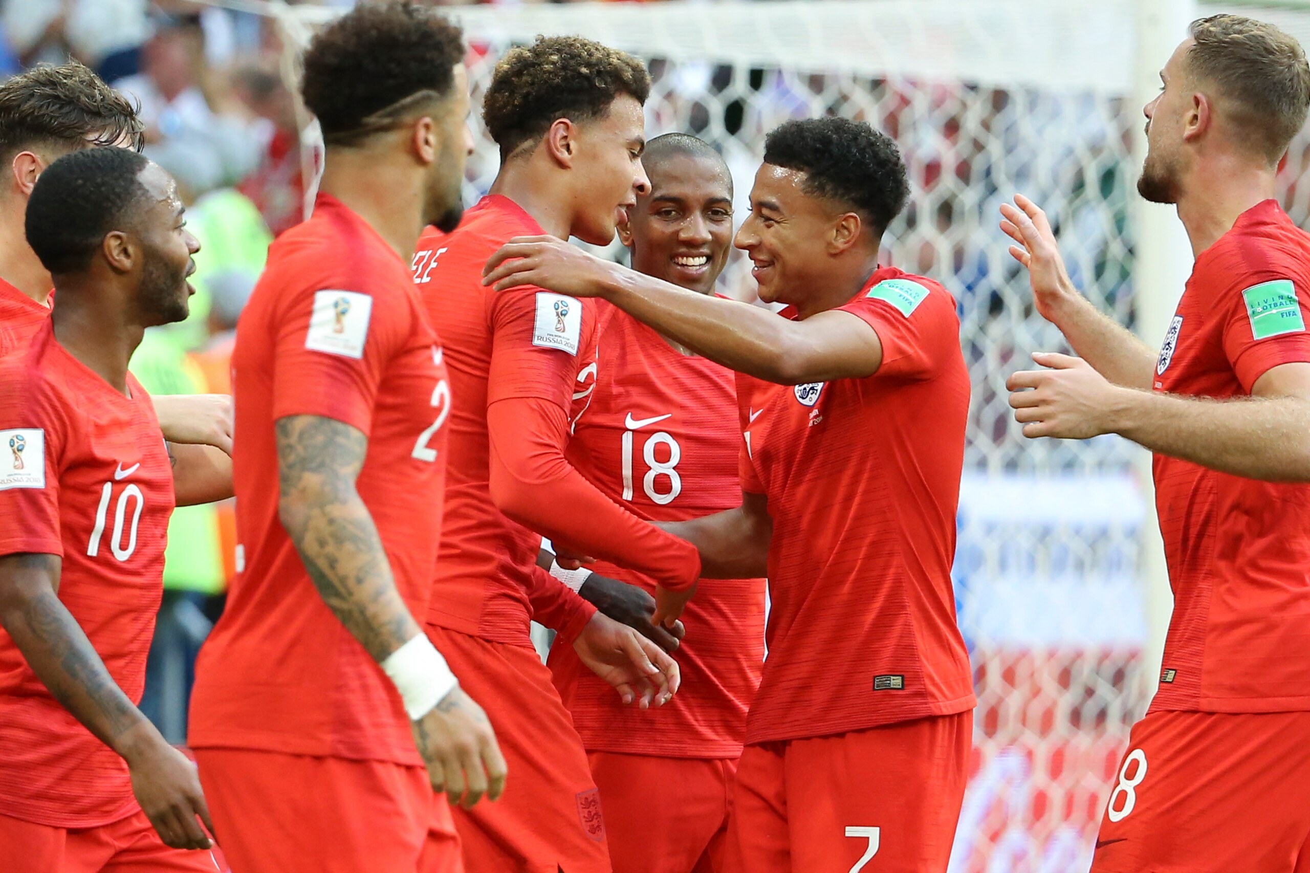 SAMARA, RUSSIA - JULY 7: Dele Alli of England celebrates his goal with Ashley Young, Jesse Lingard during the 2018 FIFA World Cup Russia Quarter Final match between Sweden and England at Samara Arena on July 7, 2018 in Samara, Russia. (Photo by Jean Catuf SAMARA, RUSSIA - JULY 7: Dele Alli of England celebrates his goal with Ashley Young, Jesse Lingard during the 2018 FIFA World Cup Russia Quarter Final match between Sweden and England at Samara Arena on July 7, 2018 in Samara, Russia. (Photo by Jean Catuf