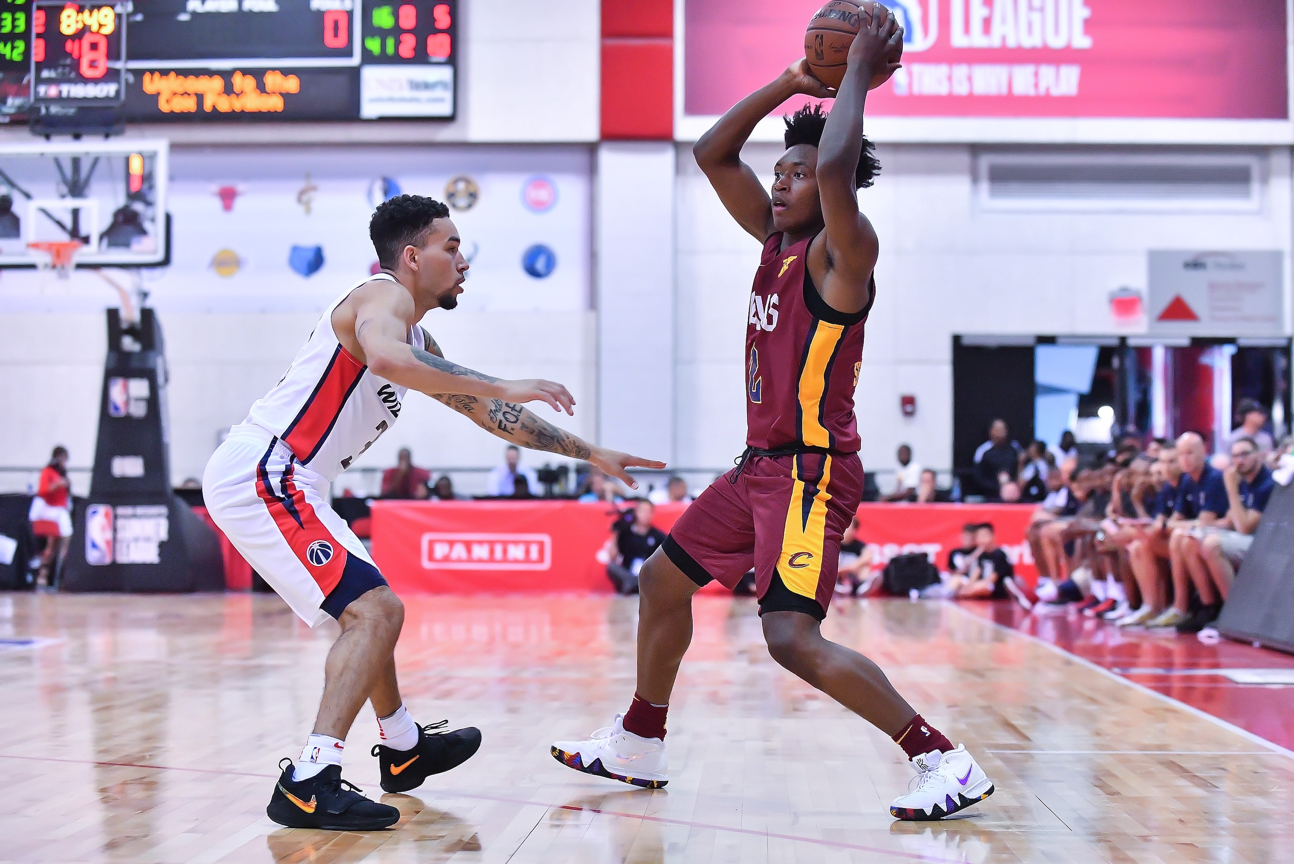 LAS VEGAS, NV - JULY 06: Collin Sexton #2 of the Cleveland Cavaliers looks to pass against Chris Chiozza #33 of the Washington Wizards during the 2018 NBA Summer League at the Cox Pavilion on July 6, 2018 in Las Vegas, Nevada. The Cavaliers defeated the LAS VEGAS, NV - JULY 06: Collin Sexton #2 of the Cleveland Cavaliers looks to pass against Chris Chiozza #33 of the Washington Wizards during the 2018 NBA Summer League at the Cox Pavilion on July 6, 2018 in Las Vegas, Nevada. The Cavaliers defeated the
