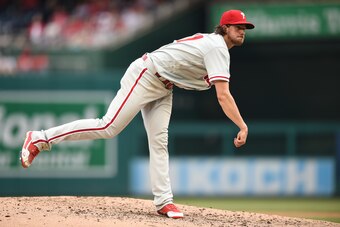 WASHINGTON, DC - JUNE 23:  Aaron Nola #27 of the Philadelphia Phillies pitches during a baseball game against the Washington Nationals at Nationals Park on June 23, 2018 in Washington, DC.  (Photo by Mitchell Layton/Getty Images)