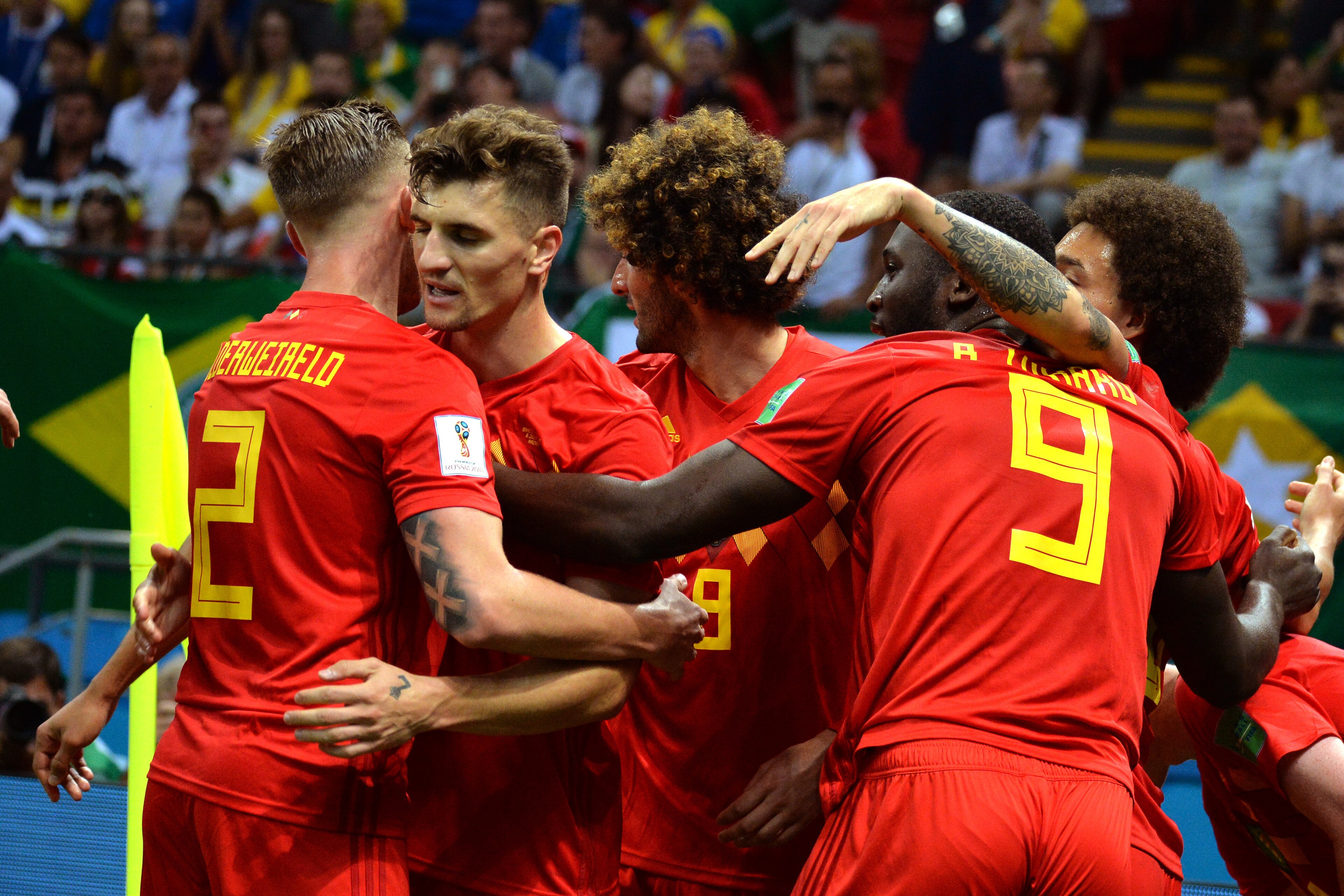 KAZAN, RUSSIA - JULY 06: Toby Alderweireld, Thomas Meunier, Marouane Fellaini, Romelu Lukaku, Axel Witsel and Kevin De Bruyne celebrate after scoring a goal during the 2018 FIFA World Cup Russia Quarter Final match between Brazil and Belgium at Kazan Aren KAZAN, RUSSIA - JULY 06: Toby Alderweireld, Thomas Meunier, Marouane Fellaini, Romelu Lukaku, Axel Witsel and Kevin De Bruyne celebrate after scoring a goal during the 2018 FIFA World Cup Russia Quarter Final match between Brazil and Belgium at Kazan Aren