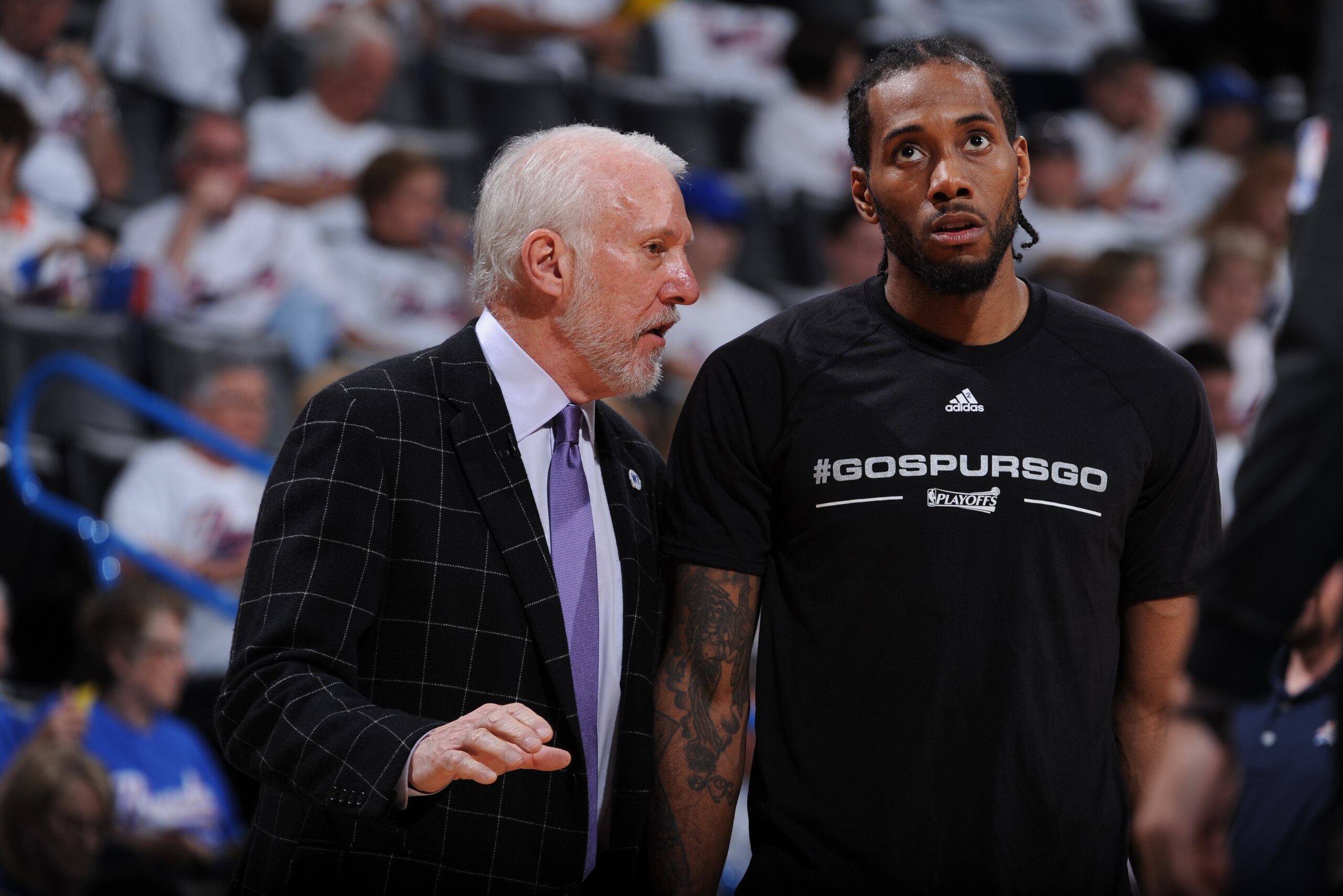 SSAN ANTONIO, TX - MAY 6: Gregg Popovich coaches Kawhi Leonard #2 of the San Antonio Spurs during the game against the Oklahoma City Thunder in Game Three of the Western Conference Semifinals of the 2016 NBA Playoffs on May 6, 2016 at the AT&T Center in S