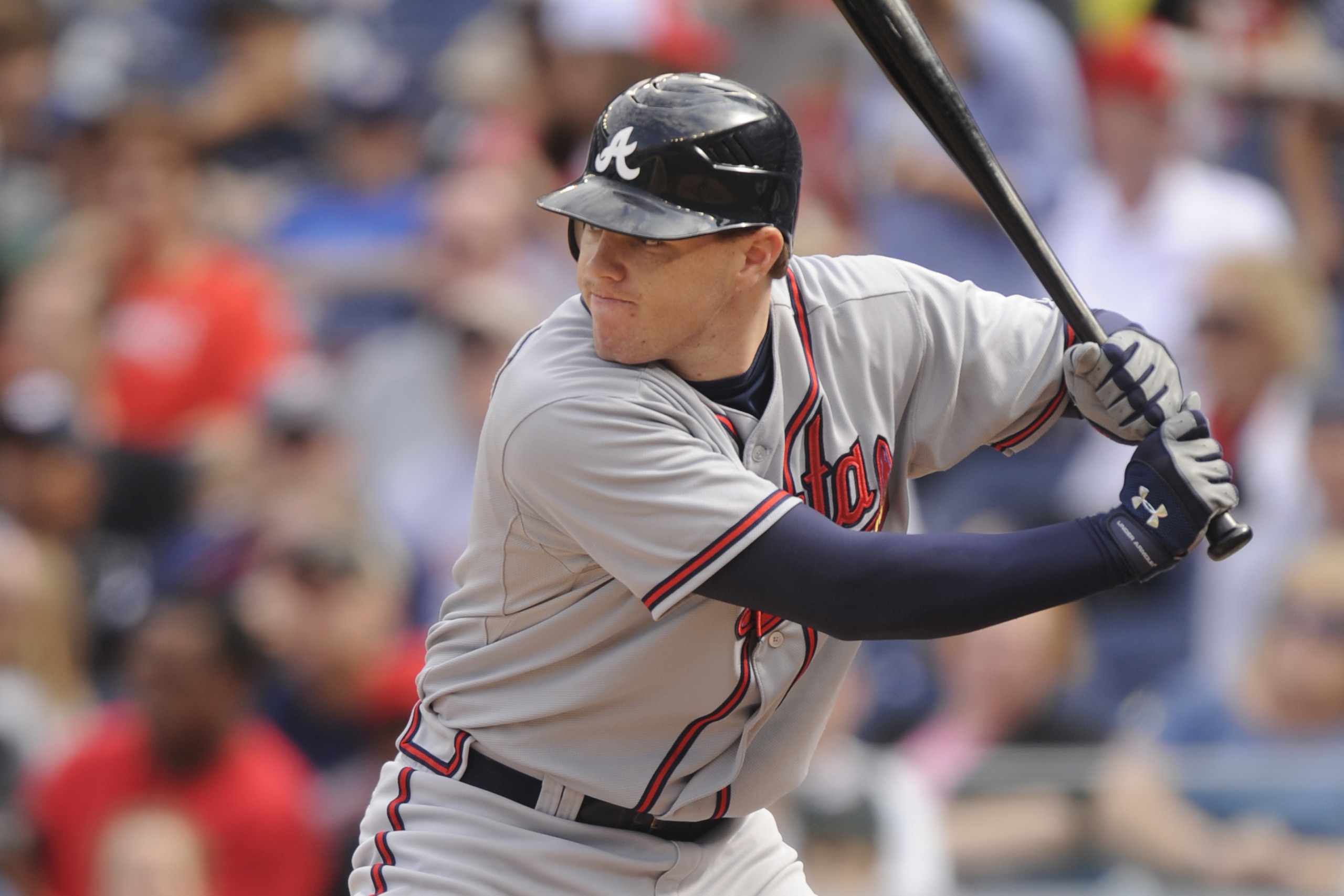 WASHINGTON - SEPTEMBER 26: Freddie Freeman #5 of the Atlanta Braves prepares for a pitch during a baseball game against the Washington Nationals on September 26, 2010 at Nationals Park in Washington, D.C. The Nationals won 4-2. (Photo by Mitchell Layto WASHINGTON - SEPTEMBER 26: Freddie Freeman #5 of the Atlanta Braves prepares for a pitch during a baseball game against the Washington Nationals on September 26, 2010 at Nationals Park in Washington, D.C. The Nationals won 4-2. (Photo by Mitchell Layto