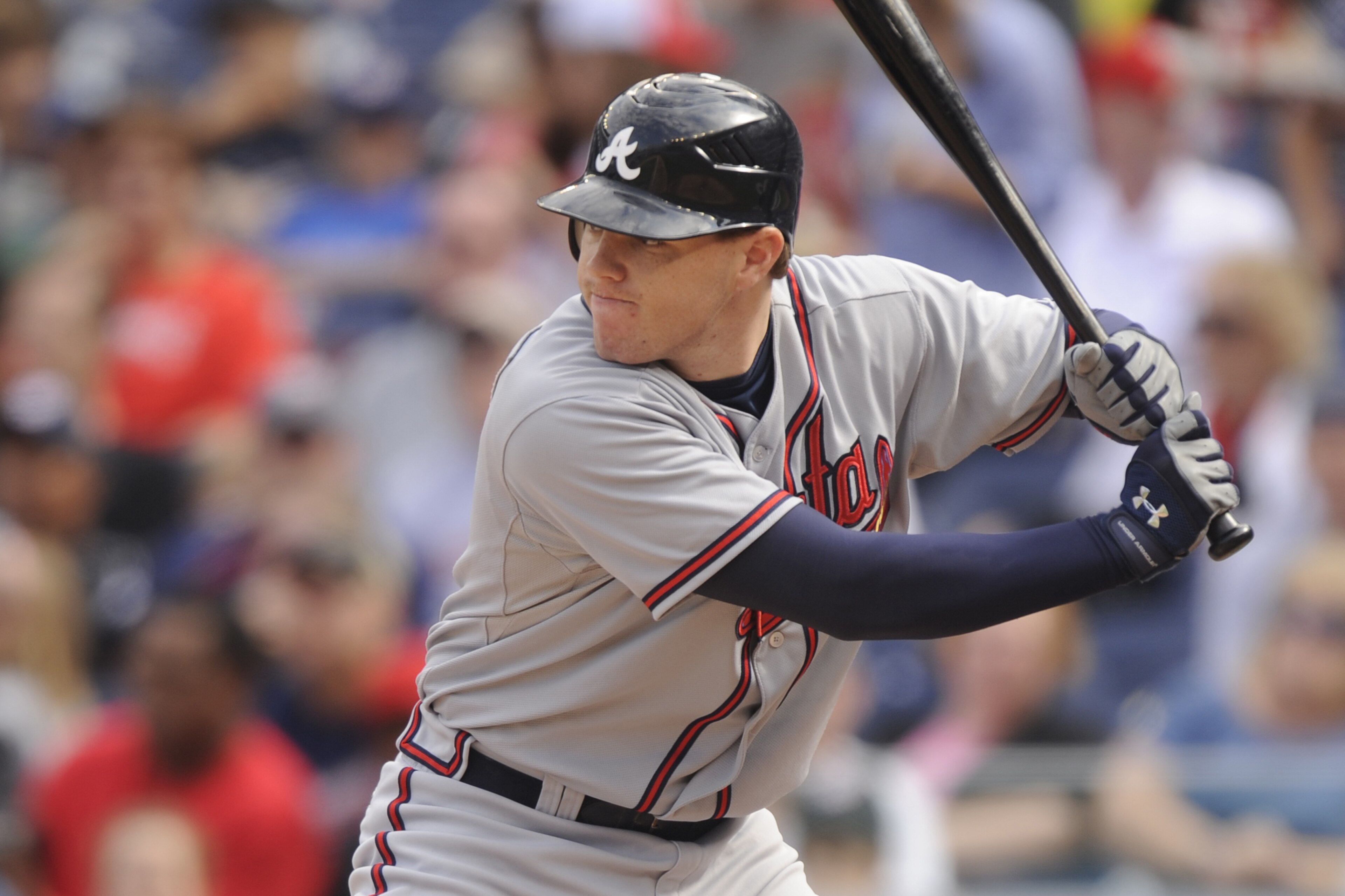 WASHINGTON - SEPTEMBER 26: Freddie Freeman #5 of the Atlanta Braves prepares for a pitch during a baseball game against the Washington Nationals on September 26, 2010 at Nationals Park in Washington, D.C. The Nationals won 4-2. (Photo by Mitchell Layto WASHINGTON - SEPTEMBER 26: Freddie Freeman #5 of the Atlanta Braves prepares for a pitch during a baseball game against the Washington Nationals on September 26, 2010 at Nationals Park in Washington, D.C. The Nationals won 4-2. (Photo by Mitchell Layto