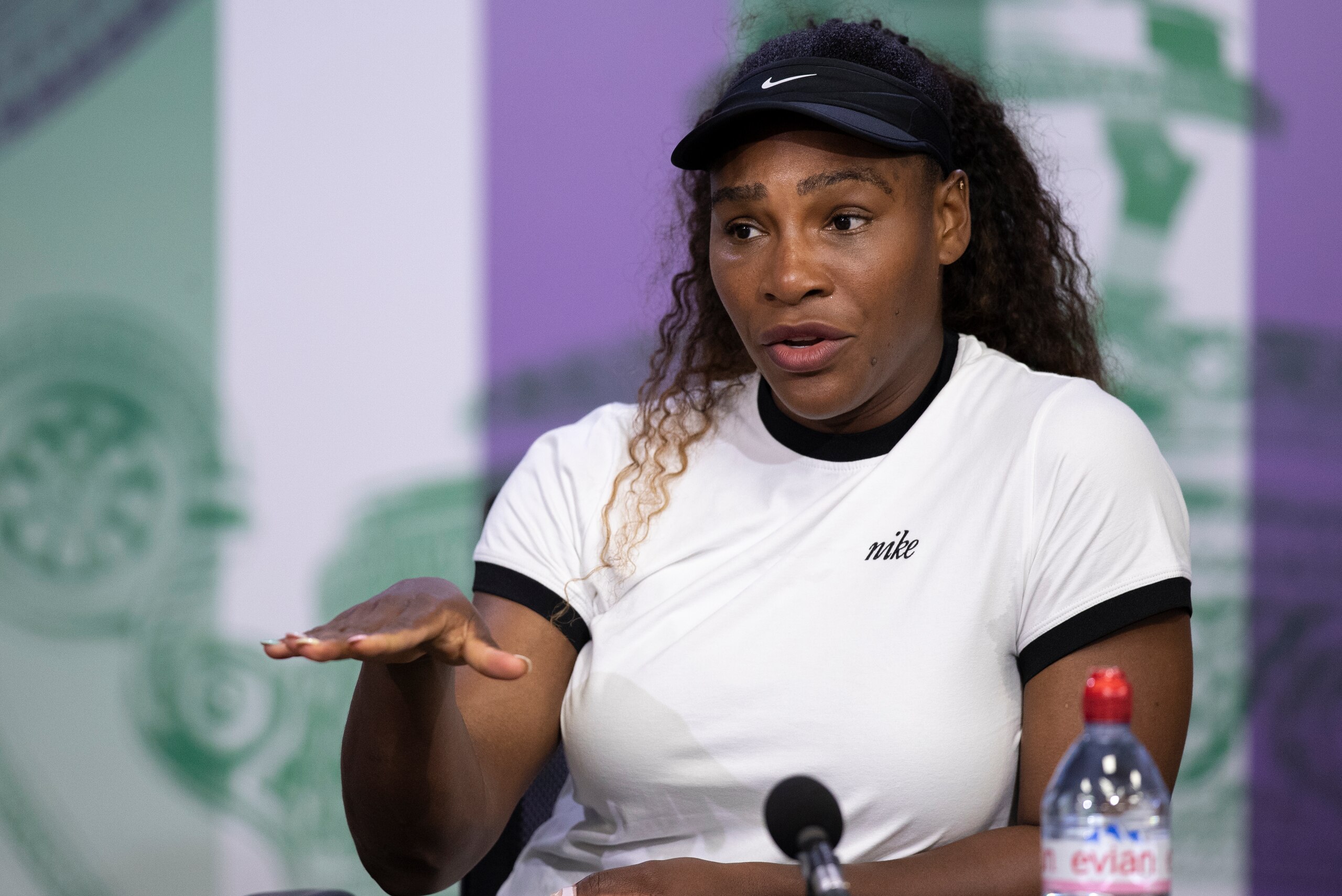 LONDON, ENGLAND - JULY 01:  Serena Williams attends a press conference ahead of the Wimbledon Lawn Tennis Championships at the All England Lawn Tennis and Croquet Club at Wimbledon on July 1, 2018 in London, England.  (Photo by Jed Leicester/AELTC - Pool/