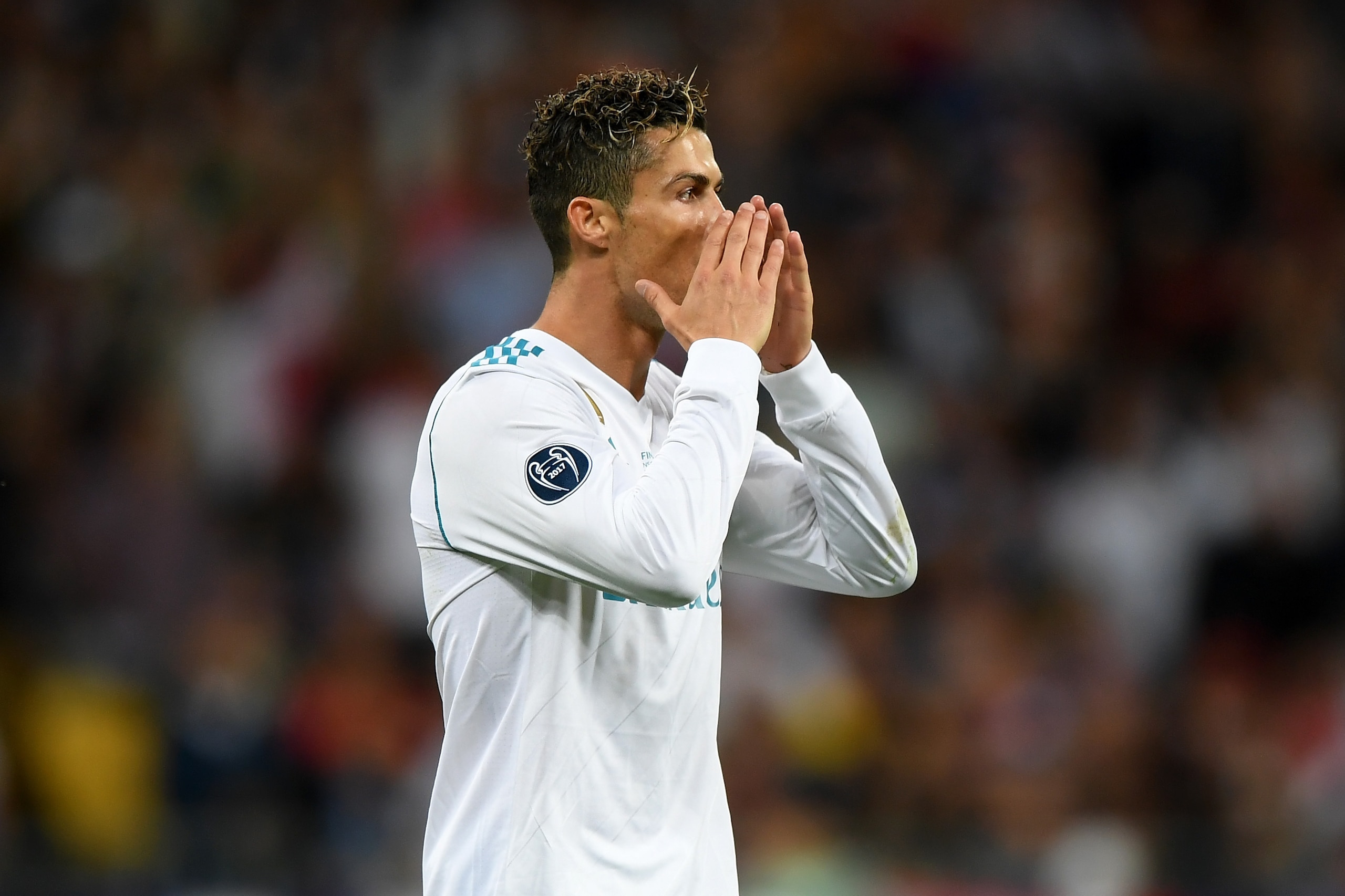 KIEV, UKRAINE - MAY 26:  Cristiano Ronaldo of Real Madrid reacts after his sides first goal is disallowed during the UEFA Champions League Final between Real Madrid and Liverpool at NSC Olimpiyskiy Stadium on May 26, 2018 in Kiev, Ukraine.  (Photo by Shau