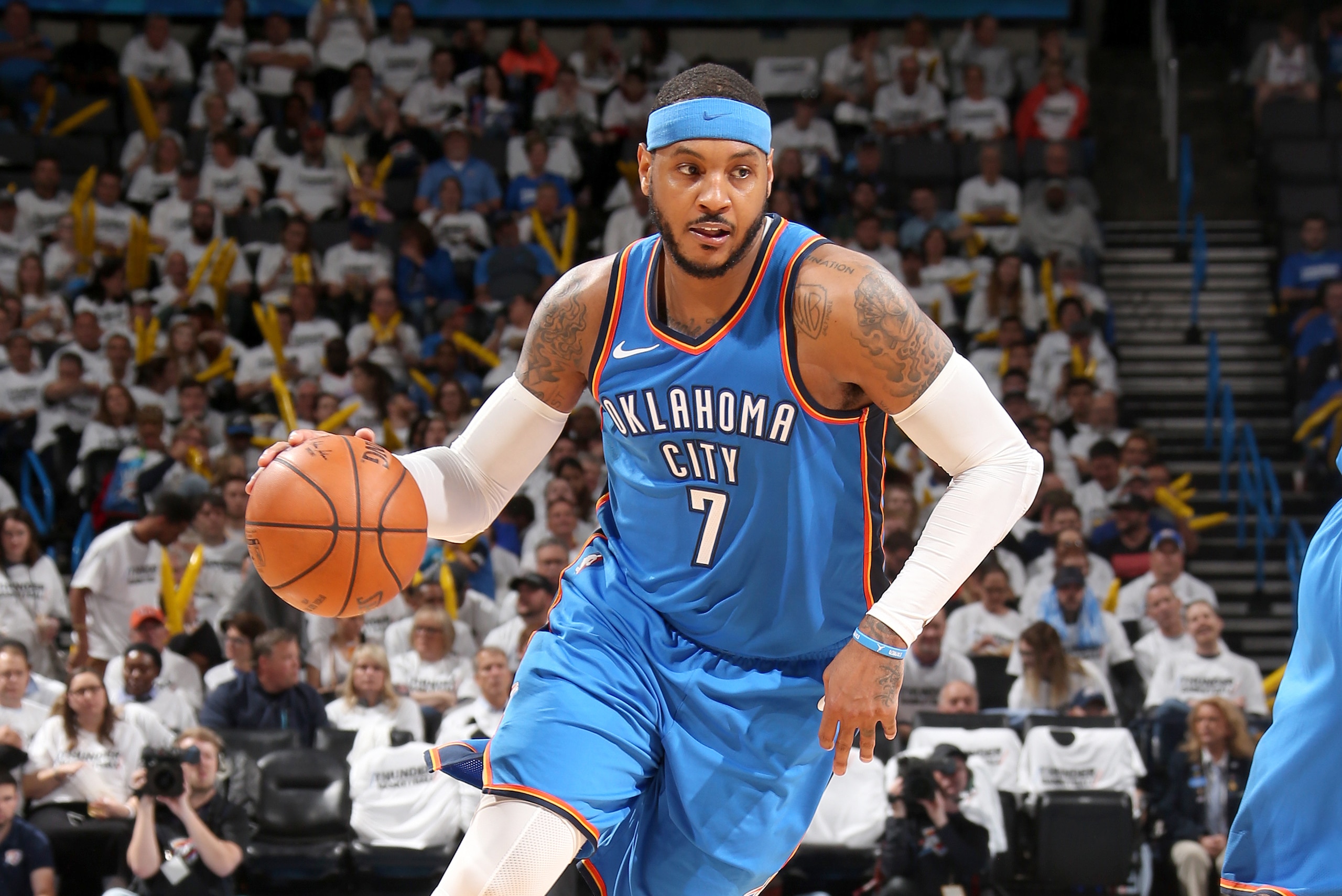 OKLAHOMA CITY, OK - APRIL 25: Carmelo Anthony #7 of the Oklahoma City Thunder handles the ball against the Utah Jazz in Game Five of Round One of the 2018 NBA Playoffs on April 25, 2018 at Chesapeake Energy Arena in Oklahoma City, Oklahoma. NOTE TO USER: 