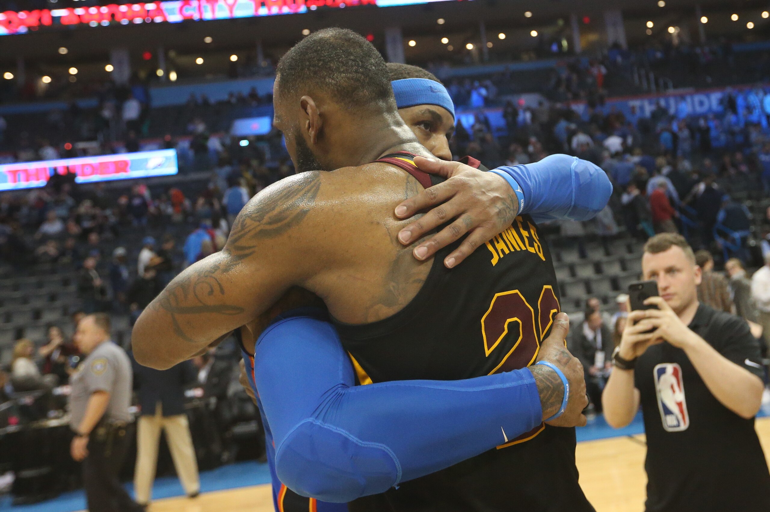 OKLAHOMA CITY, OK - FEBRUARY 13:  LeBron James #23 of the Cleveland Cavaliers and Carmelo Anthony #7 of the Oklahoma City Thunder hug after the game on February 13, 2018 at Chesapeake Energy Arena in Oklahoma City, Oklahoma. NOTE TO USER: User expressly a
