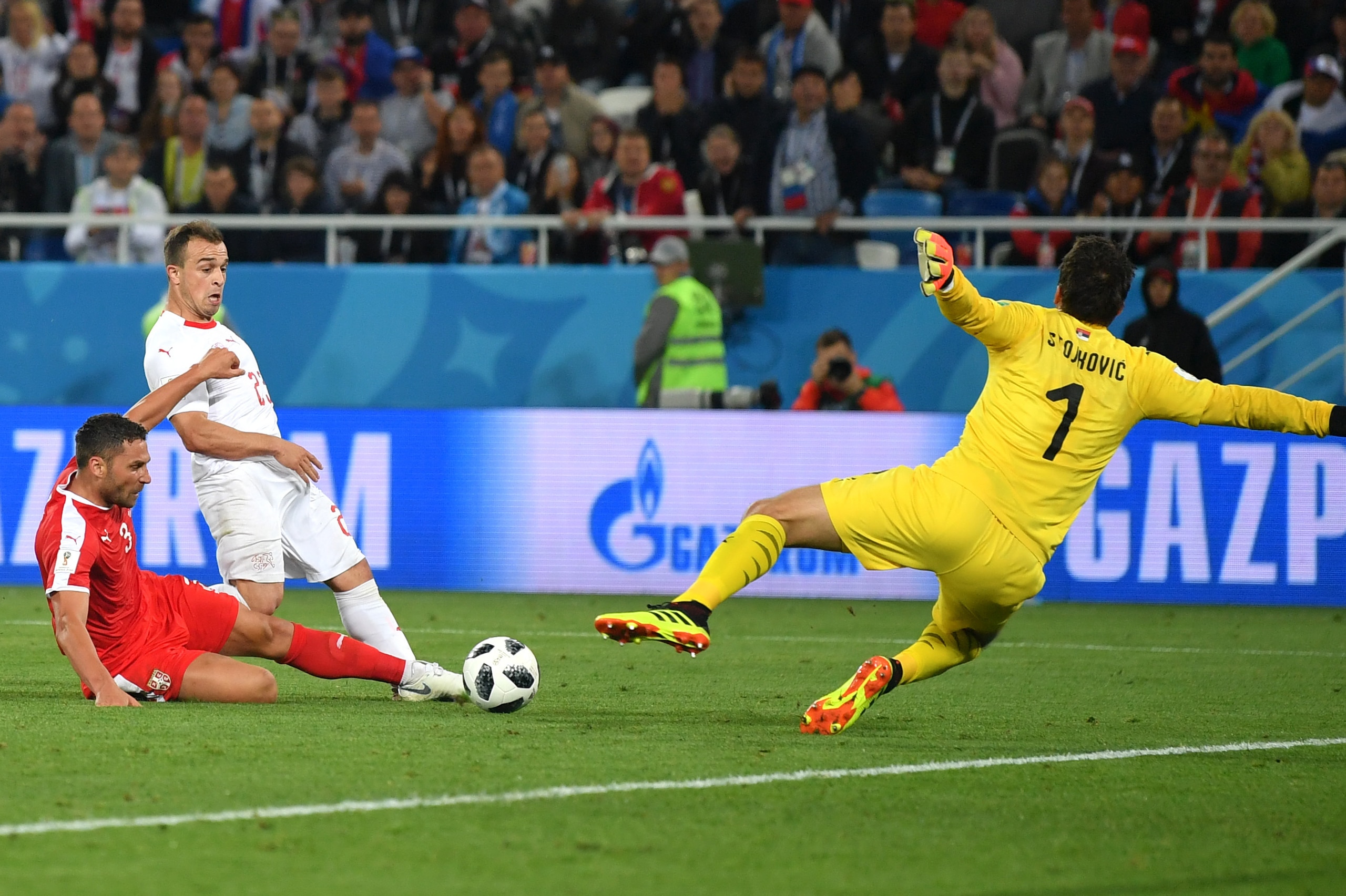 KALININGRAD, RUSSIA - JUNE 22: Xherdan Shaqiri of Switzerland scores his team's second goal during the 2018 FIFA World Cup Russia group E match between Serbia and Switzerland at Kaliningrad Stadium on June 22, 2018 in Kaliningrad, Russia. (Photo by Dan KALININGRAD, RUSSIA - JUNE 22: Xherdan Shaqiri of Switzerland scores his team's second goal during the 2018 FIFA World Cup Russia group E match between Serbia and Switzerland at Kaliningrad Stadium on June 22, 2018 in Kaliningrad, Russia. (Photo by Dan