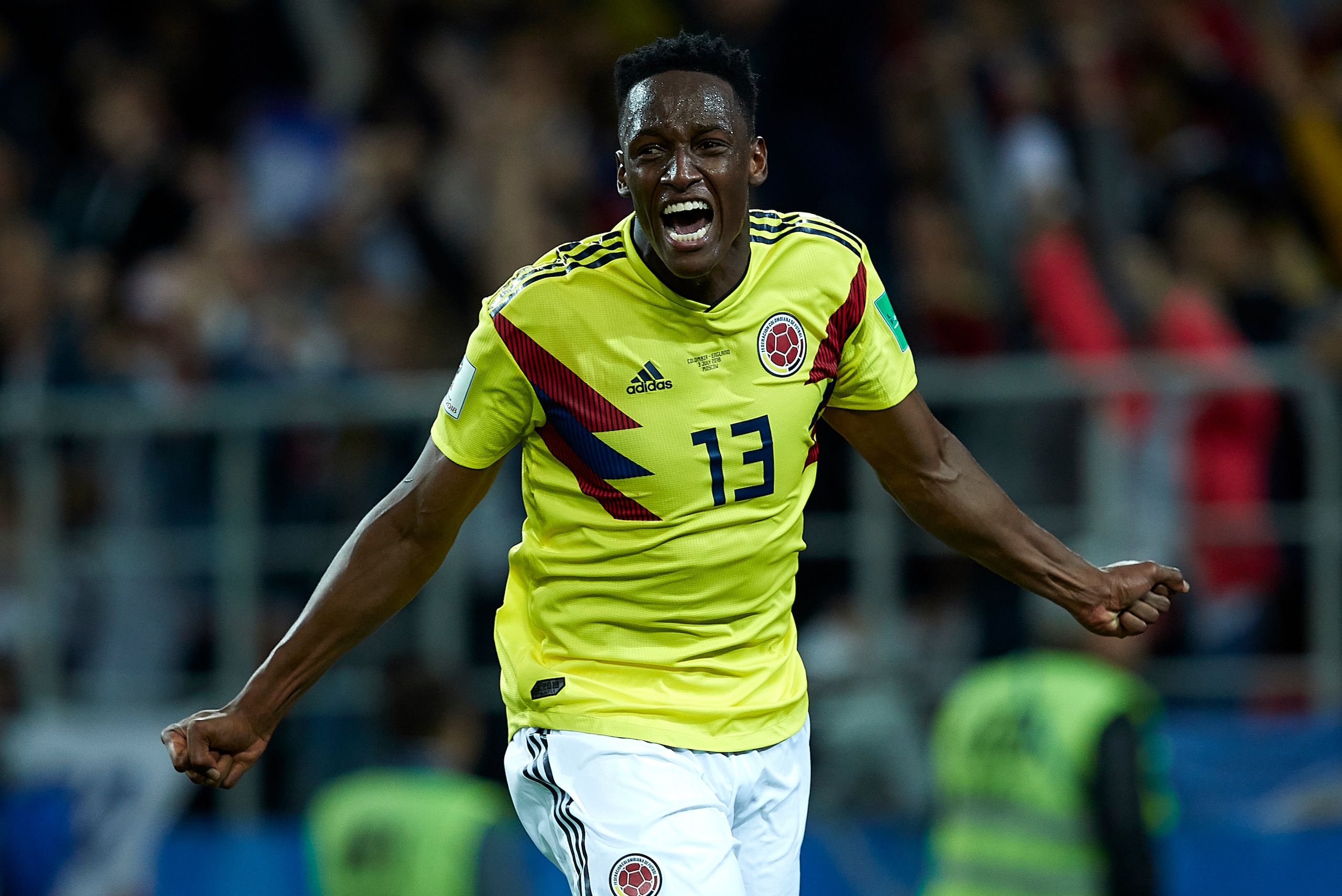 MOSCOW, RUSSIA - JULY 03:  Yerry Mina of Colombia celebrates after scoring his team's first goal during the 2018 FIFA World Cup Russia Round of 16 match between Colombia and England at Spartak Stadium on July 3, 2018 in Moscow, Russia.  (Photo by Quality 