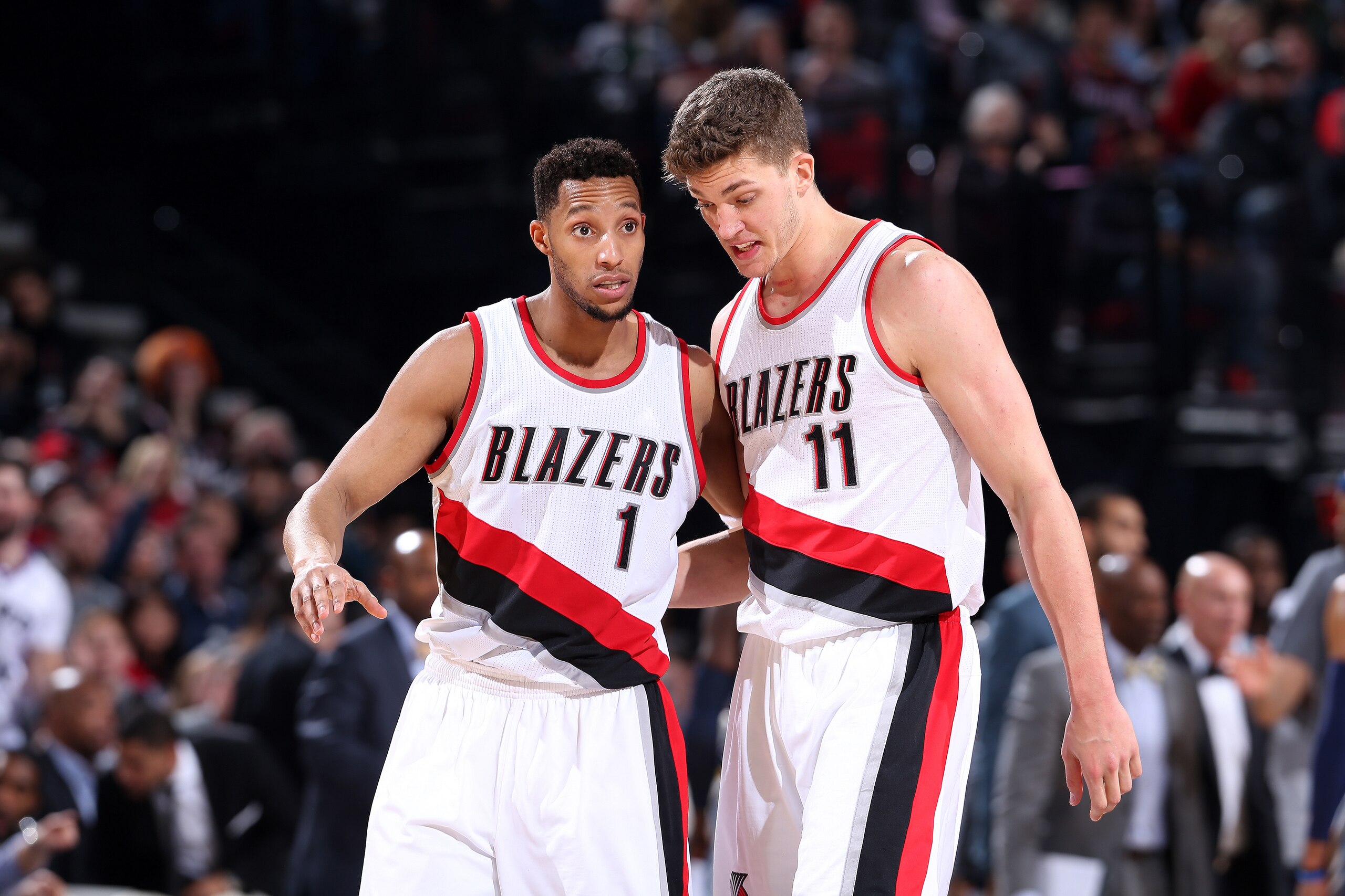 PORTLAND, OR - JANUARY 27: Meyers Leonard #11 talks with Evan Turner #1 of the Portland Trail Blazers during the game against the Memphis Grizzlies on January 27, 2017 at the Moda Center in Portland, Oregon. NOTE TO USER: User expressly acknowledges and a PORTLAND, OR - JANUARY 27: Meyers Leonard #11 talks with Evan Turner #1 of the Portland Trail Blazers during the game against the Memphis Grizzlies on January 27, 2017 at the Moda Center in Portland, Oregon. NOTE TO USER: User expressly acknowledges and a