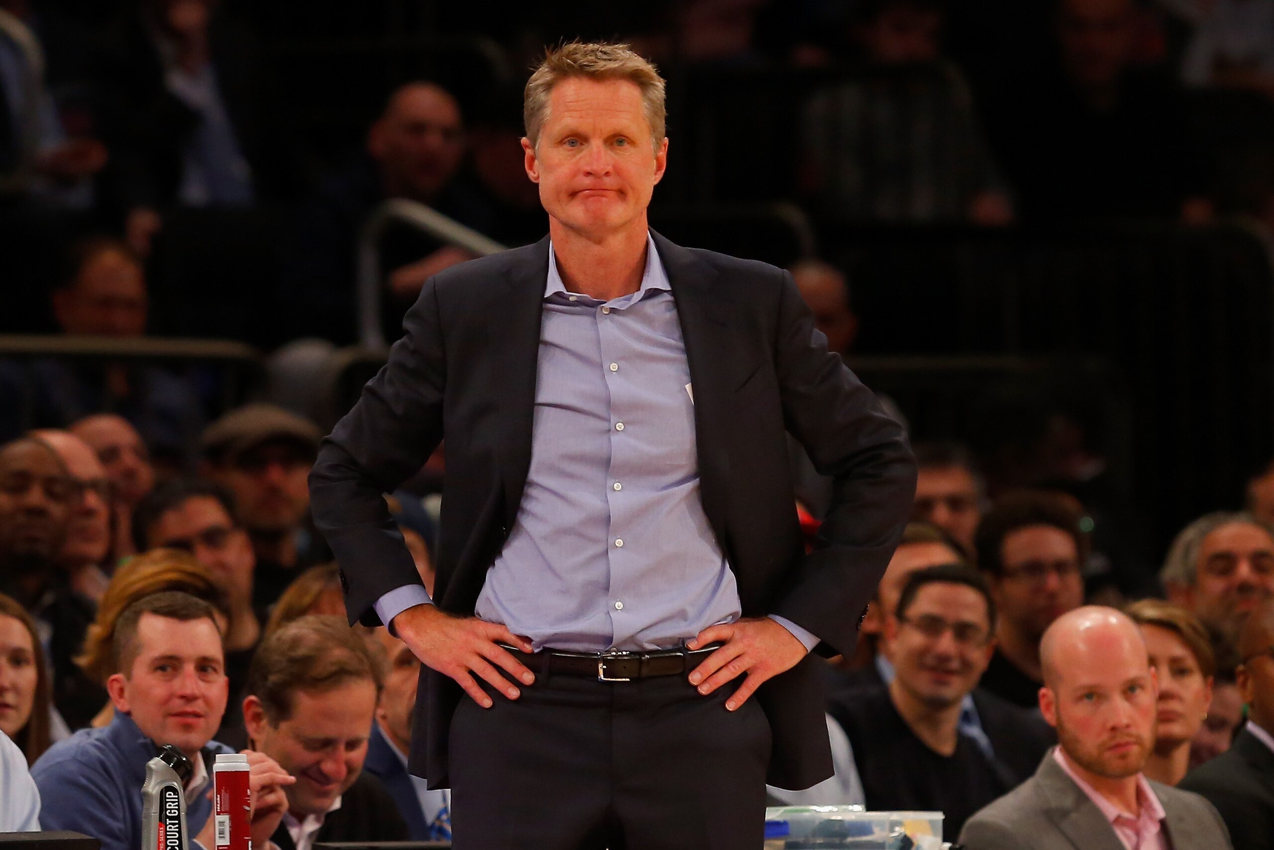 NEW YORK, NY - FEBRUARY 26: (NEW YORK DAILIES OUT) Head coach Steve Kerr of the Golden State Warriors in action against the New York Knicks at Madison Square Garden on February 26, 2018 in New York City. The Warriors defeated the Knicks 125-111. NOTE T NEW YORK, NY - FEBRUARY 26: (NEW YORK DAILIES OUT) Head coach Steve Kerr of the Golden State Warriors in action against the New York Knicks at Madison Square Garden on February 26, 2018 in New York City. The Warriors defeated the Knicks 125-111. NOTE T