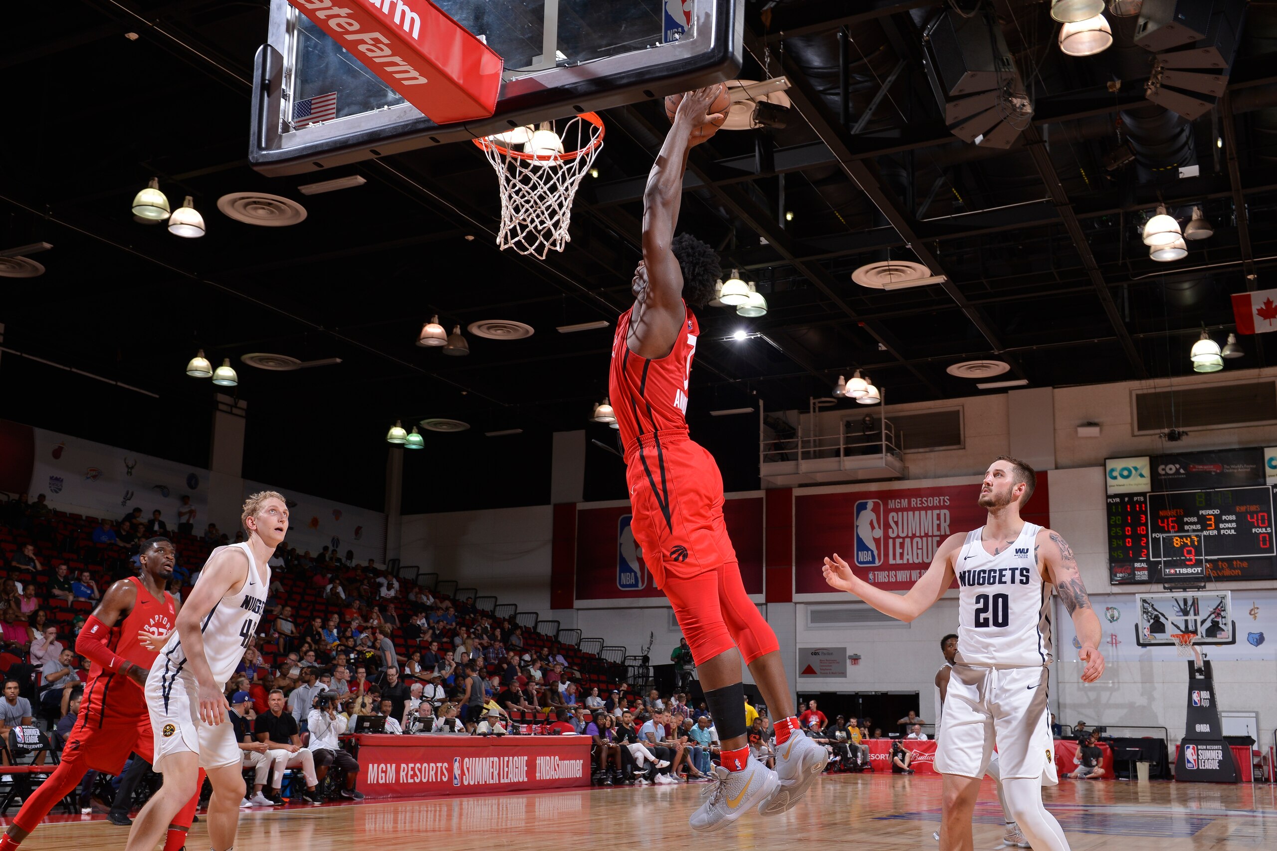 LAS VEGAS, NV - JULY 11: OG Anunoby #3 of the Toronto Raptors dunks the ball against the Denver Nuggets during the 2018 Las Vegas Summer League on July 11, 2018 at the Cox Pavilion in Las Vegas, Nevada. NOTE TO USER: User expressly acknowledges and agrees