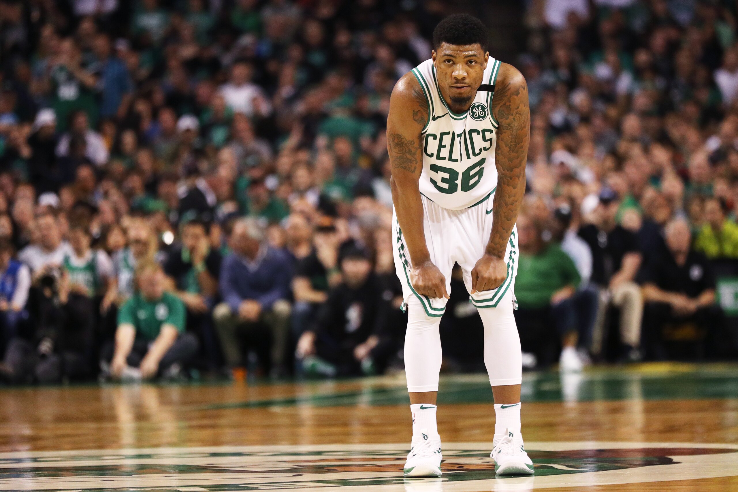BOSTON, MA - MAY 27: Marcus Smart #36 of the Boston Celtics looks on during Game Seven of the 2018 NBA Eastern Conference Finals against the Cleveland Cavaliers at TD Garden on May 27, 2018 in Boston, Massachusetts. (Photo by Maddie Meyer/Getty Images)