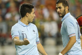 BRUSSELS, BELGIUM - AUGUST 14: Samir Nasri and Karim Benzema of France in action during the international friendly match between Belgium and France at the King Baudouin Stadium on August 14, 2013 in Brussels, Belgium. (Photo by John Berry/Getty Images)