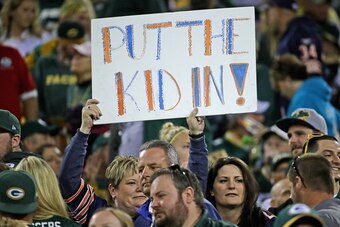 GREEN BAY, WI - SEPTEMBER 28:  A Chicago Bears
fan holds a sign referring to rookie quarterback Mitchell Trubisky during a game against the Green Bay Packers at Lambeau Field on September 28, 2017 in Green Bay, Wisconsin. The Packers defeated the Bears 35