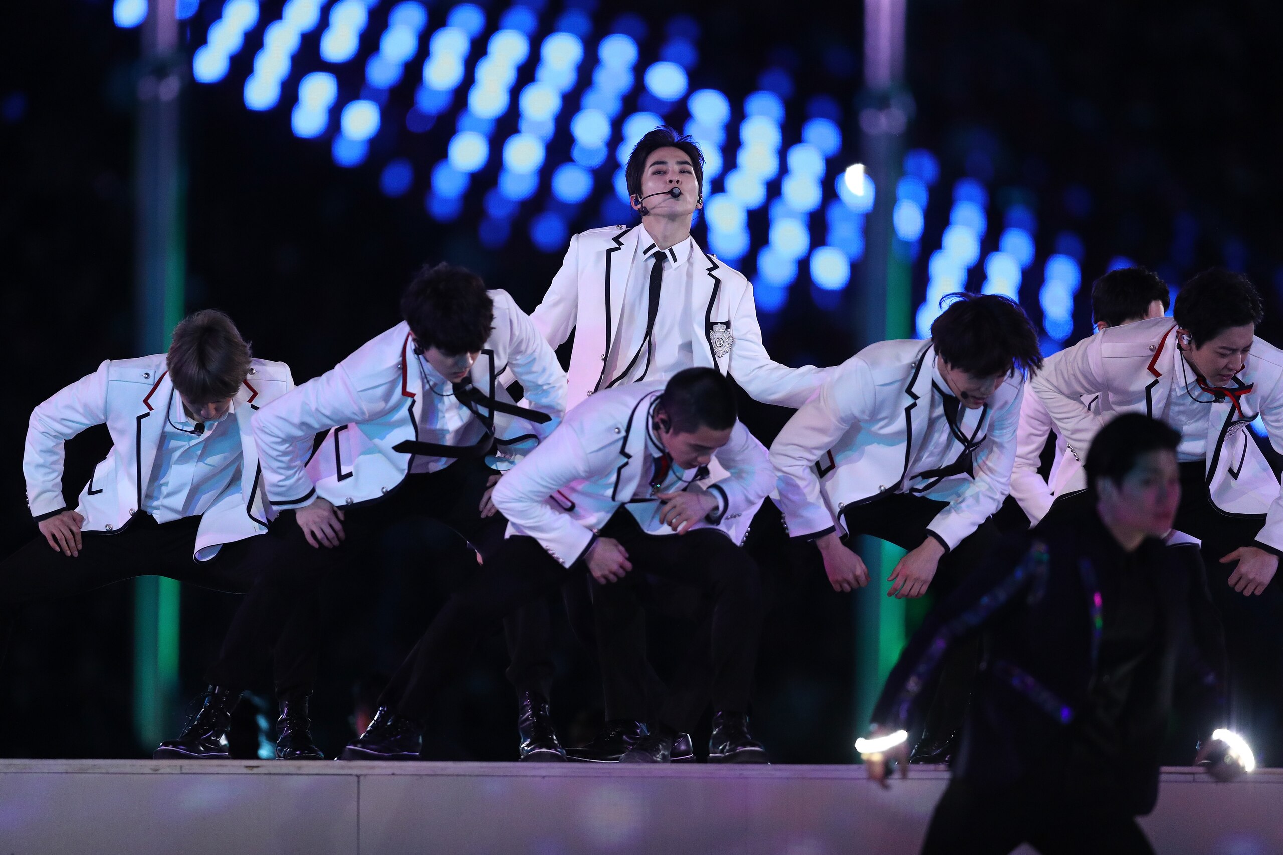 PYEONGCHANG-GUN, SOUTH KOREA - FEBRUARY 25:  Band EXO perform during the Closing Ceremony of the PyeongChang 2018 Winter Olympic Games at PyeongChang Olympic Stadium on February 25, 2018 in Pyeongchang-gun, South Korea.  (Photo by Maddie Meyer/Getty Image