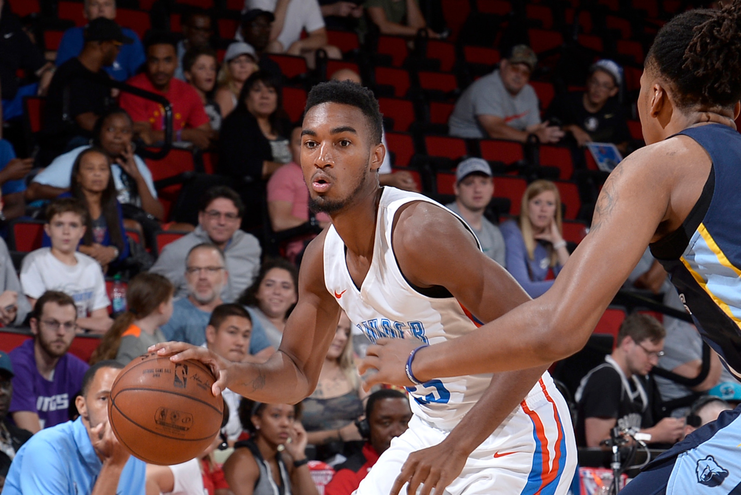 LAS VEGAS, NV - JULY 12: Terrance Ferguson #23 of the Oklahoma City Thunder handles the ball against the Memphis Grizzlies during the 2018 Las Vegas Summer League on July 12, 2018 at the Cox Pavilion in Las Vegas, Nevada. NOTE TO USER: User expressly ackn