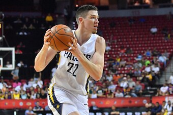 LAS VEGAS, NV - JULY 07:  TJ Leaf #22 of the Indiana Pacers drives against the San Antonio Spurs during the 2018 NBA Summer League at the Thomas & Mack Center on July 7, 2018 in Las Vegas, Nevada. NOTE TO USER: User expressly acknowledges and agrees that,