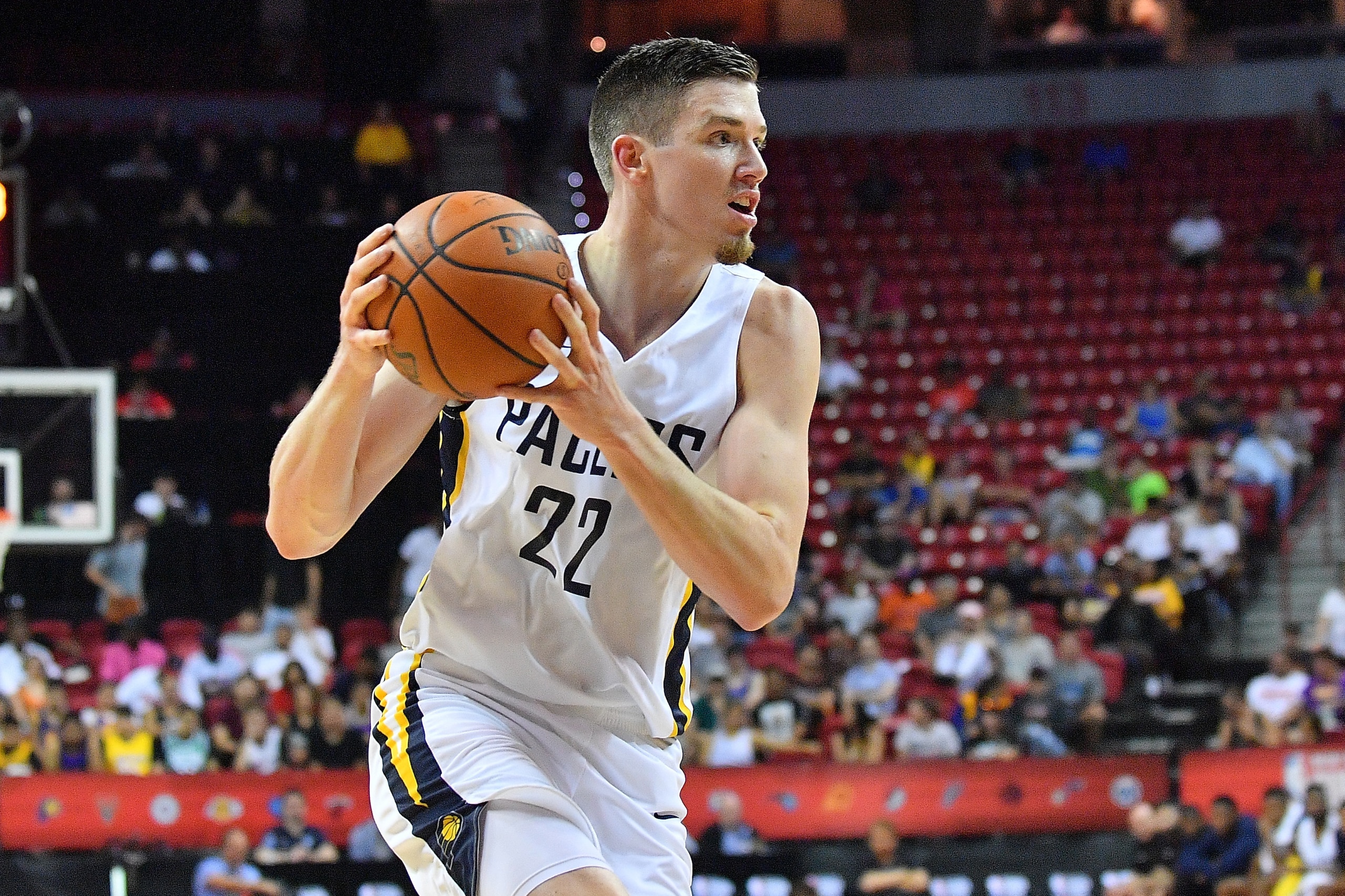 LAS VEGAS, NV - JULY 07:  TJ Leaf #22 of the Indiana Pacers drives against the San Antonio Spurs during the 2018 NBA Summer League at the Thomas & Mack Center on July 7, 2018 in Las Vegas, Nevada. NOTE TO USER: User expressly acknowledges and agrees that,