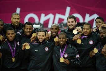 LONDON, ENGLAND - AUGUST 12: Tyson Chandler #4, Russell Westbrook #7, Andre Iguodala #9, Deron Williams #8, Kobe Bryant #10, Chris Paul #13, Kevin Love #11, Carmelo Anthony #15, Anthony Davis#14 and James Harden #12 of the US Men's Senior National Team po