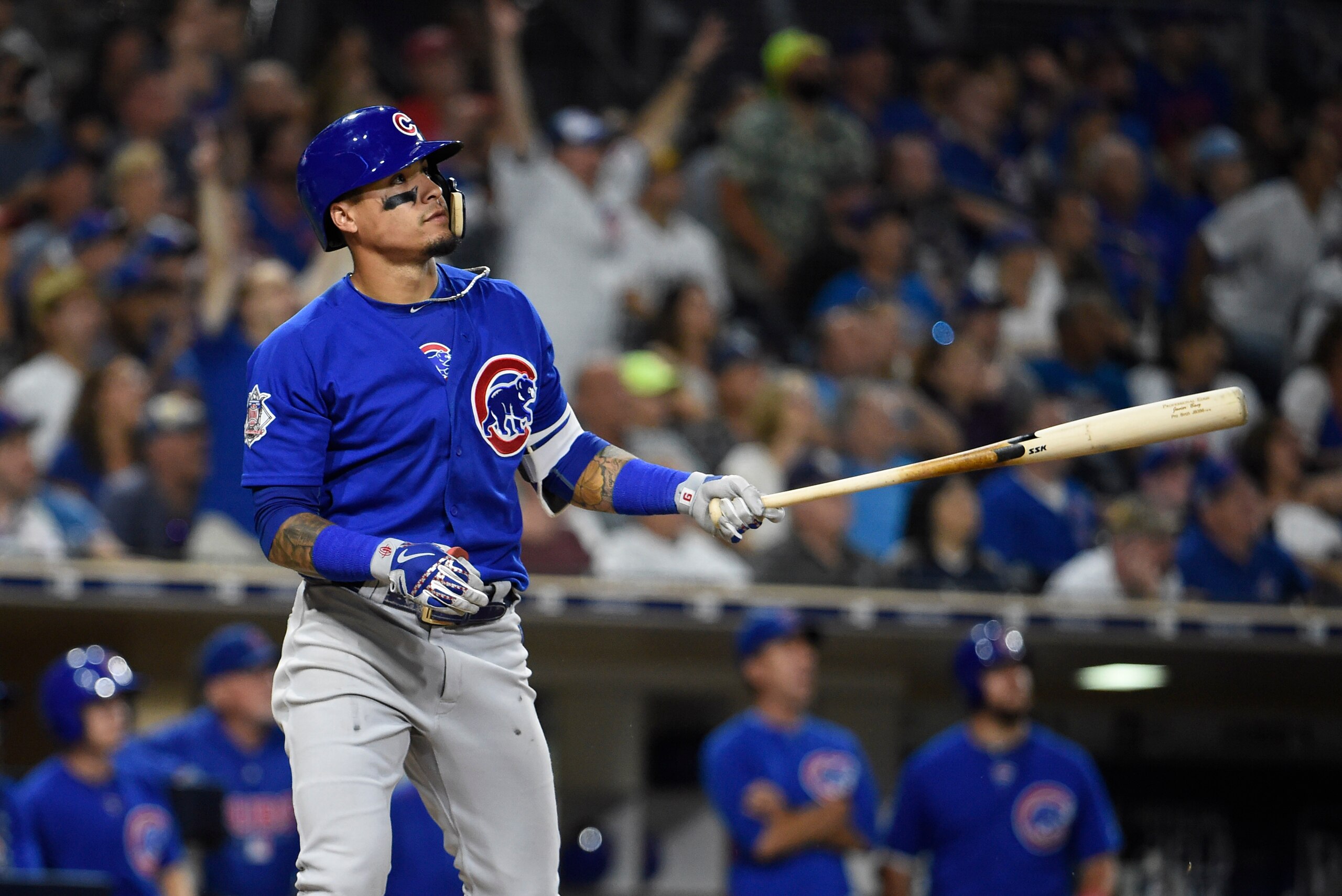 SAN DIEGO, CA - JULY 14: Javier Baez #9 of the Chicago Cubs hits a three-run home run during the ninth inning of a baseball game against the San Diego Padres at PETCO Park on July 14, 2018 in San Diego, California. (Photo by Denis Poroy/Getty Images)