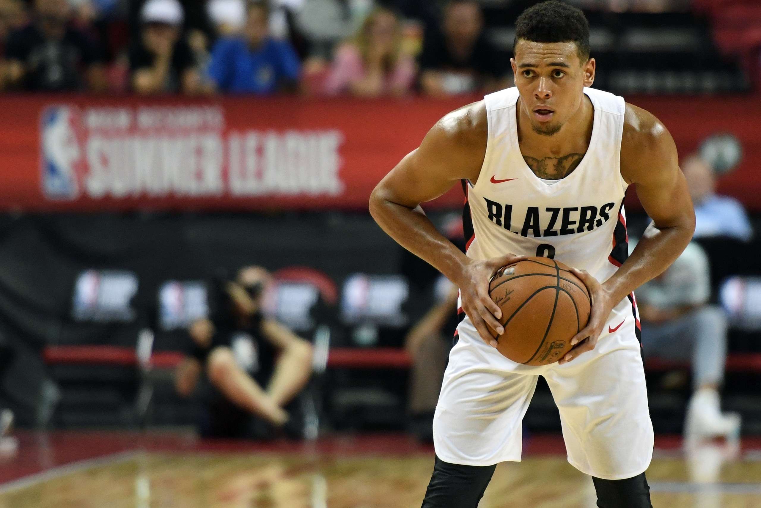 LAS VEGAS, NV - JULY 15:  Wade Baldwin IV #2 of the Portland Trail Blazers looks to pass against the Boston Celtics during a quarterfinal game of the 2018 NBA Summer League at the Thomas & Mack Center on July 15, 2018 in Las Vegas, Nevada. The Trail Blaze