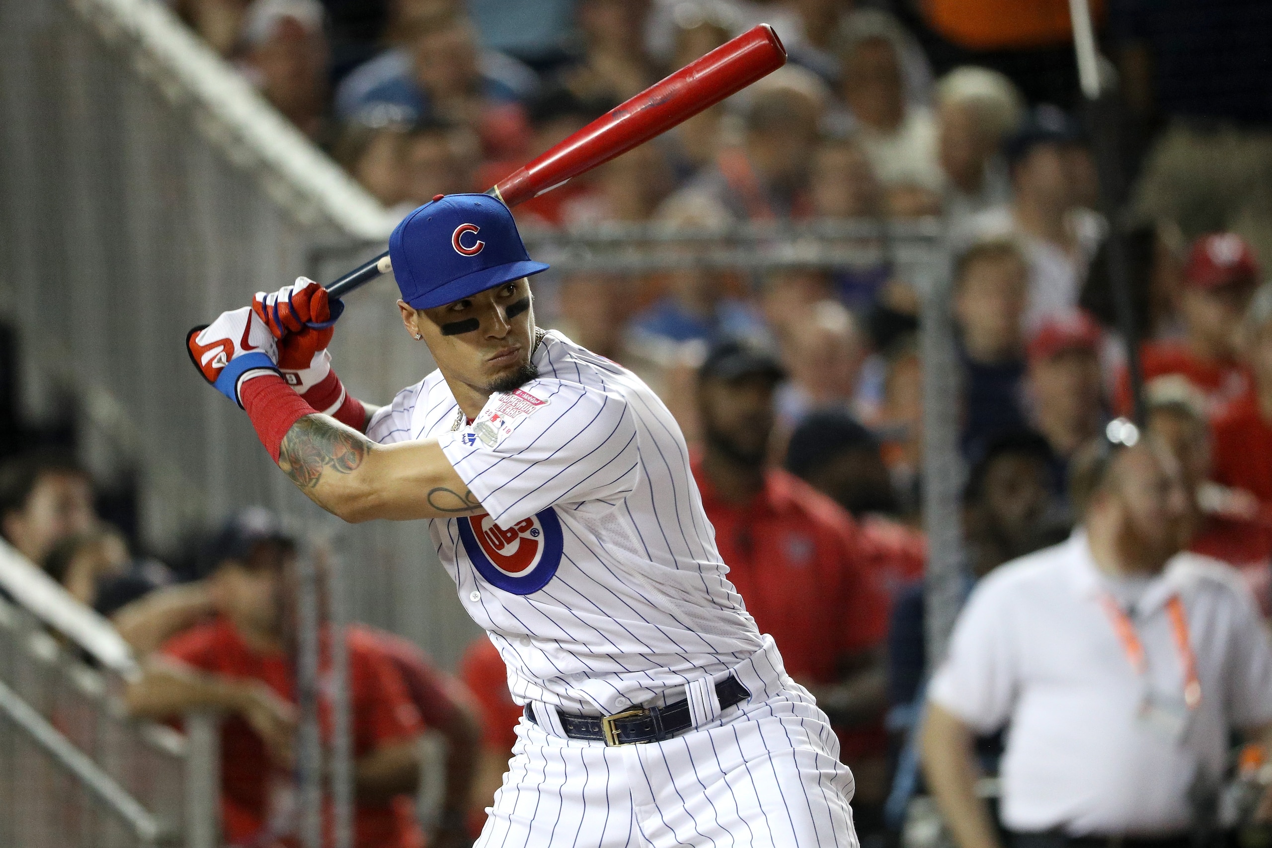 WASHINGTON, DC - JULY 16:  Javier Baez of the Chicago Cubs and National League competes in the first round during the T-Mobile Home Run Derby at Nationals Park on July 16, 2018 in Washington, DC.  (Photo by Patrick Smith/Getty Images)