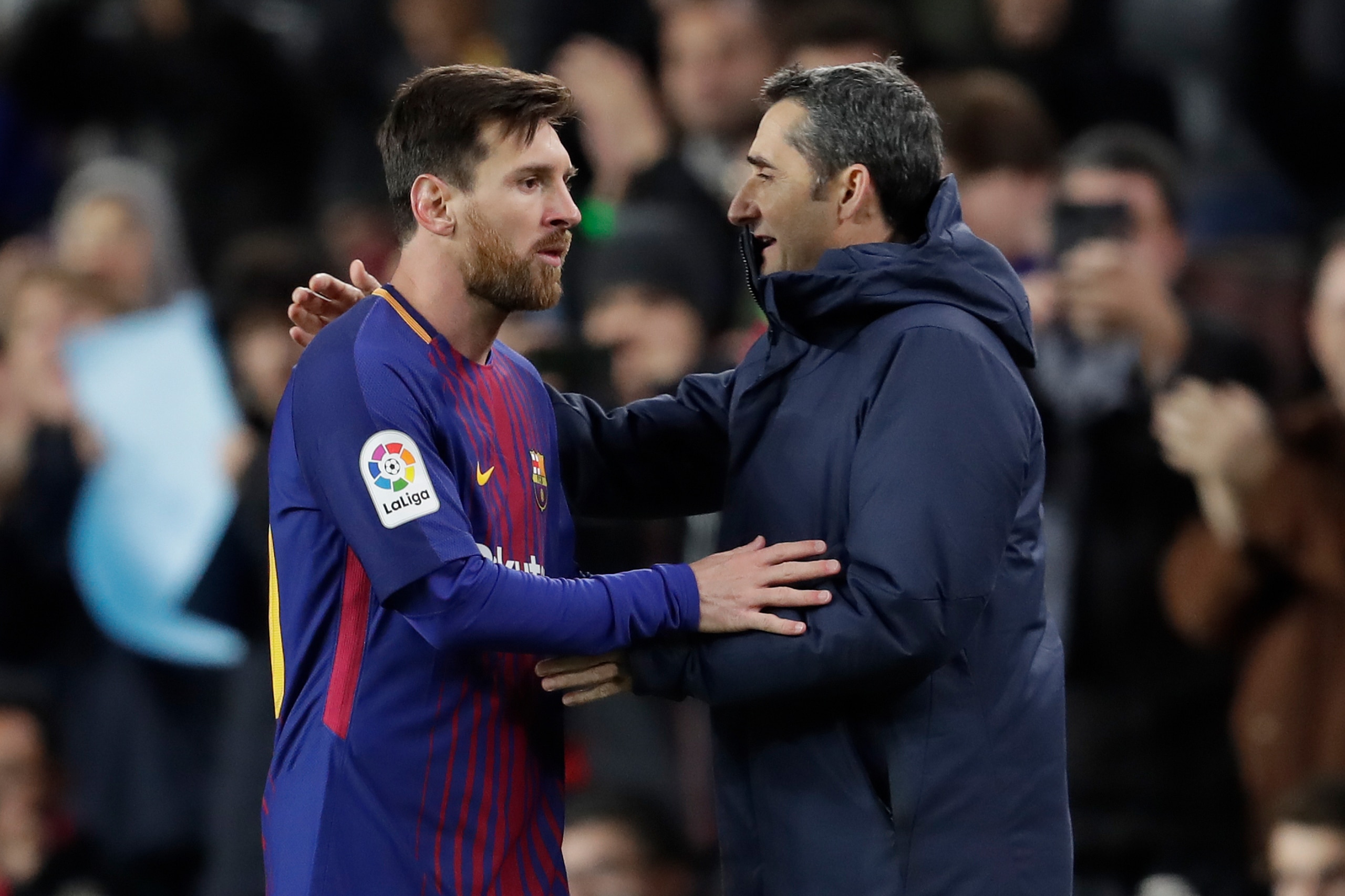 BARCELONA, SPAIN - JANUARY 11: (L-R) Lionel Messi of FC Barcelona, coach Ernesto Valverde of FC Barcelona during the Spanish Copa del Rey  match between FC Barcelona v Celta de Vigo at the Camp Nou on January 11, 2018 in Barcelona Spain (Photo by Laurens 