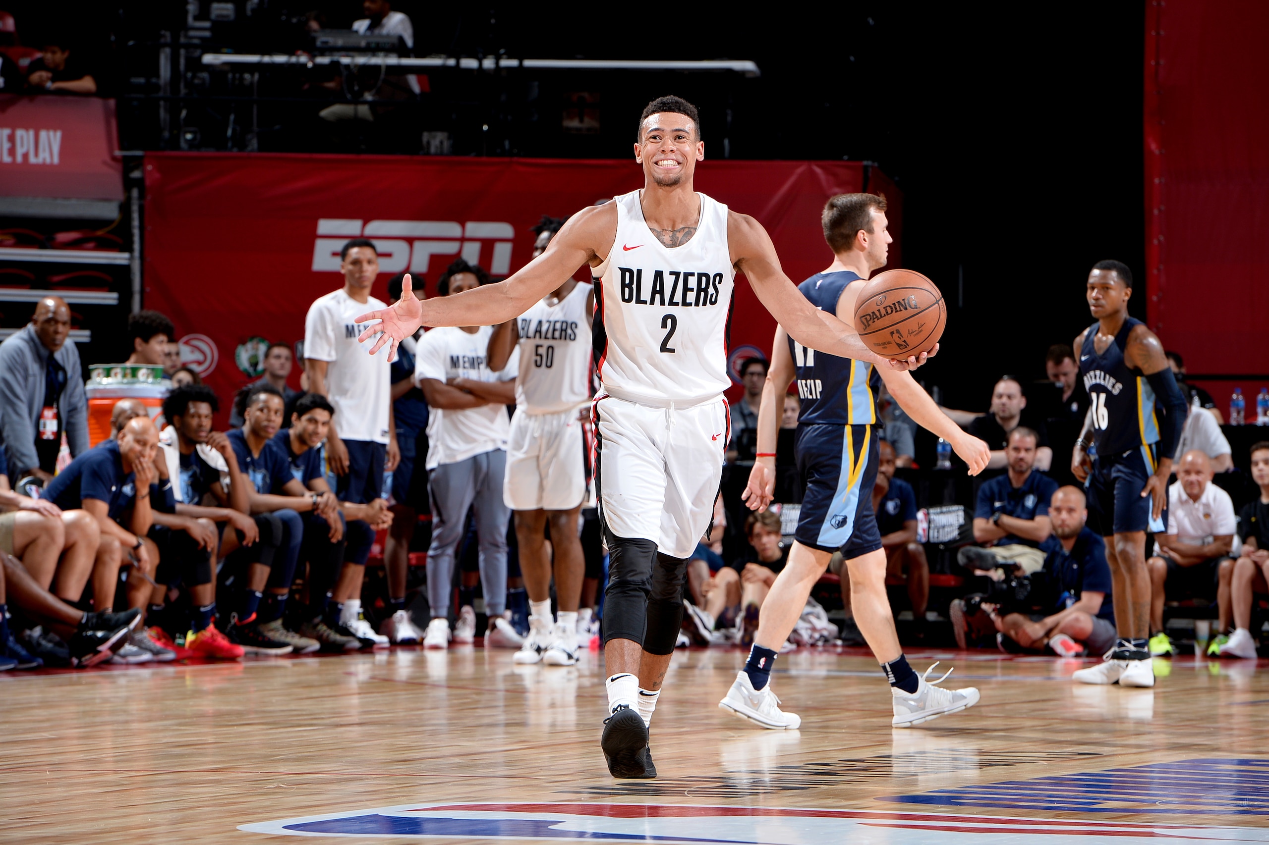 LAS VEGAS, NV - JULY 16: Wade Baldwin IV #2 of the Portland Trail Blazers looks on during the game against the Memphis Grizzlies during the 2018 Las Vegas Summer League on July 16, 2018 at the Thomas & Mack Center in Las Vegas, Nevada. NOTE TO USER: User 