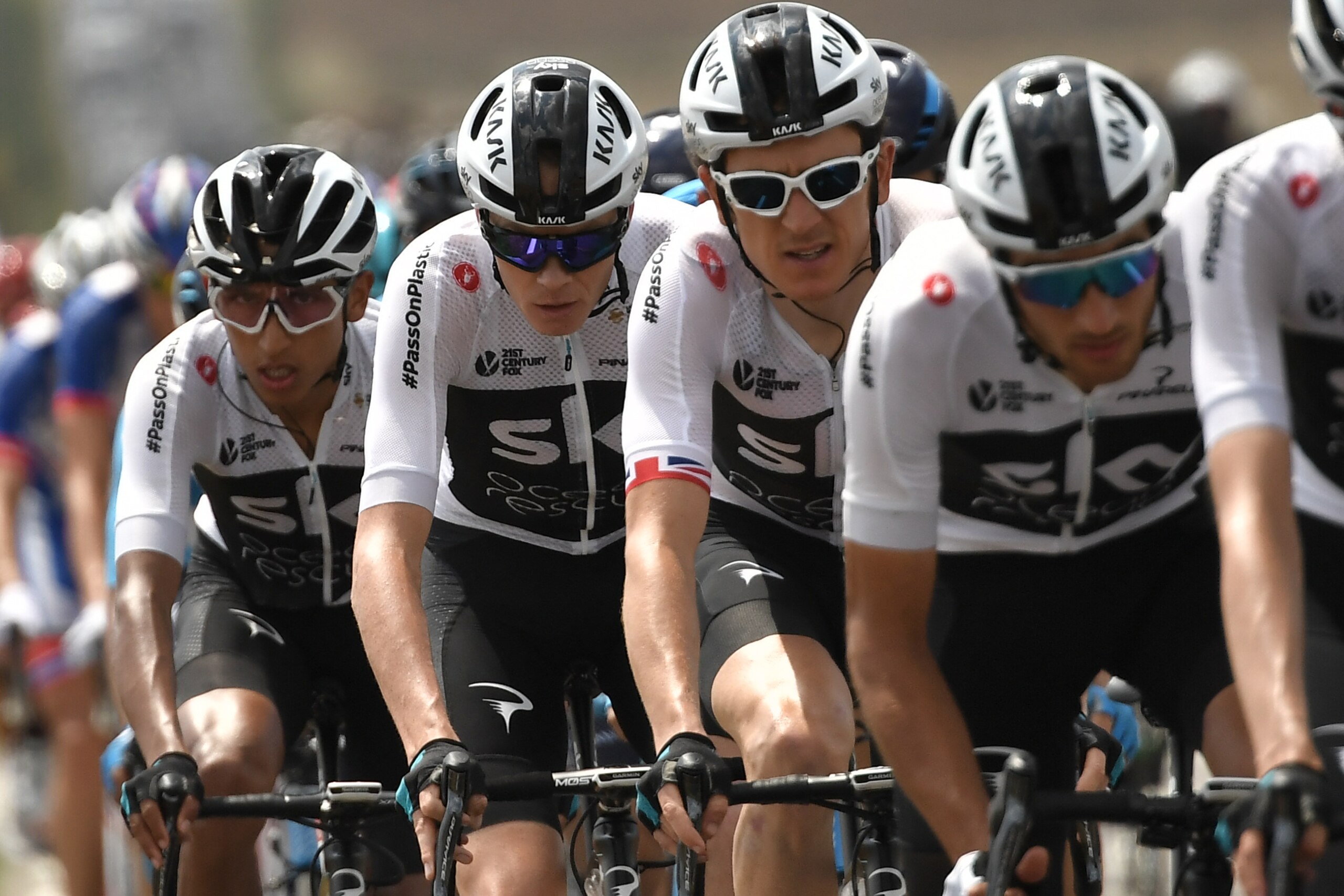 (from L) Colombia's Egan Bernal, Great Britain's Christopher Froome, Great Britain's Geraint Thomas and Italy's Gianni Moscon of Great Britain's Team Sky cycling team ride during the eighth stage of the 105th edition of the Tour de France cycling race bet (from L) Colombia's Egan Bernal, Great Britain's Christopher Froome, Great Britain's Geraint Thomas and Italy's Gianni Moscon of Great Britain's Team Sky cycling team ride during the eighth stage of the 105th edition of the Tour de France cycling race bet