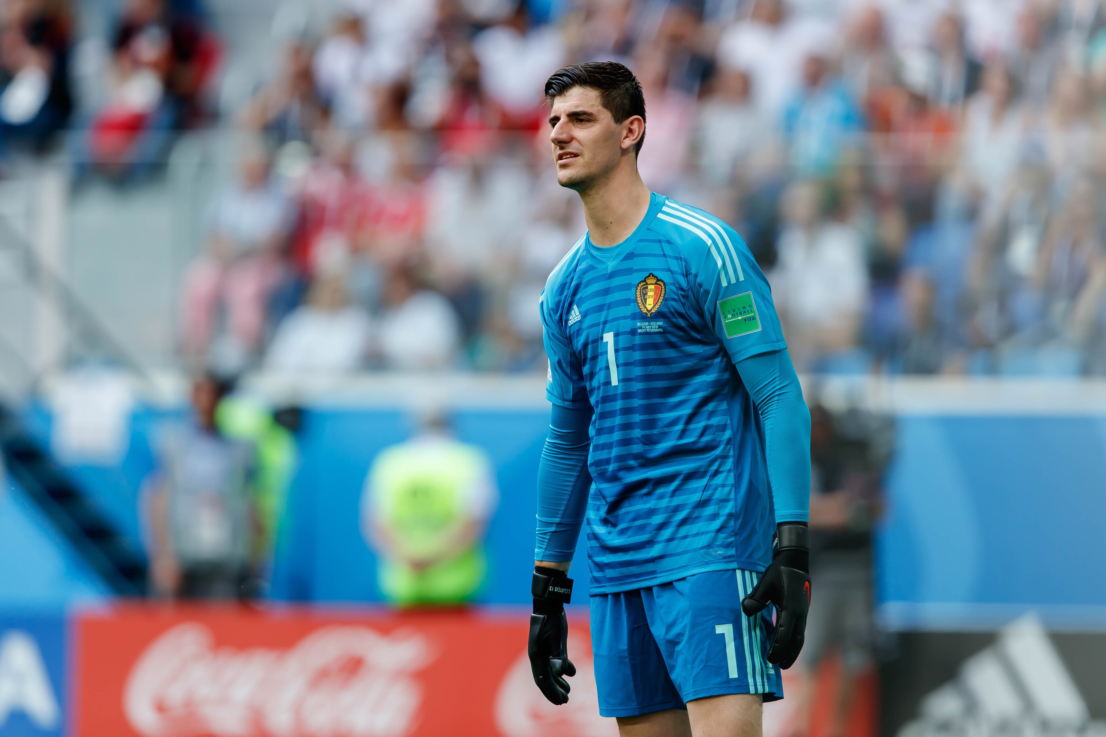 SAINT PETERSBURG, RUSSIA - JULY 14: Goalkeeper Thibaut Courtois of Belgium looks on during the 2018 FIFA World Cup Russia 3rd Place Playoff match between Belgium and England at Saint Petersburg Stadium on July 14, 2018 in Saint Petersburg, Russia. (Photo 