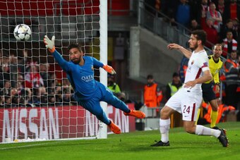 LIVERPOOL, ENGLAND - APRIL 24:  Alisson Becker of AS Roma fails to stop Roberto Firmino of Liverpool (not pictured) as he scores his sides fifth goal during the UEFA Champions League Semi Final First Leg match between Liverpool and A.S. Roma at Anfield on