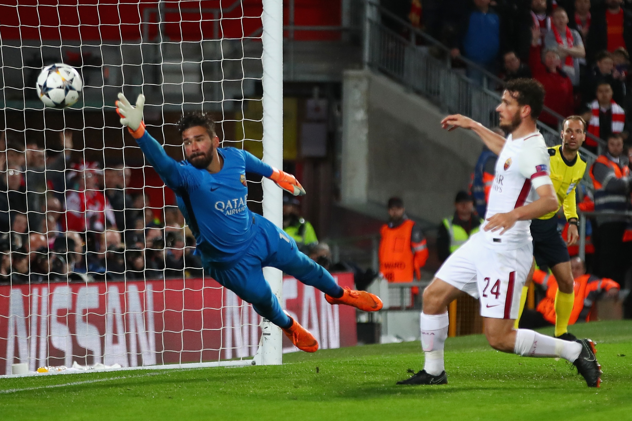 LIVERPOOL, ENGLAND - APRIL 24:  Alisson Becker of AS Roma fails to stop Roberto Firmino of Liverpool (not pictured) as he scores his sides fifth goal during the UEFA Champions League Semi Final First Leg match between Liverpool and A.S. Roma at Anfield on