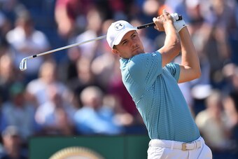 US golfer Jordan Spieth watches his iron shot from the 3rd tee during his first round on day one of The 147th Open golf Championship at Carnoustie, Scotland on July 19, 2018. (Photo by Glyn KIRK / AFP)        (Photo credit should read GLYN KIRK/AFP/Getty 