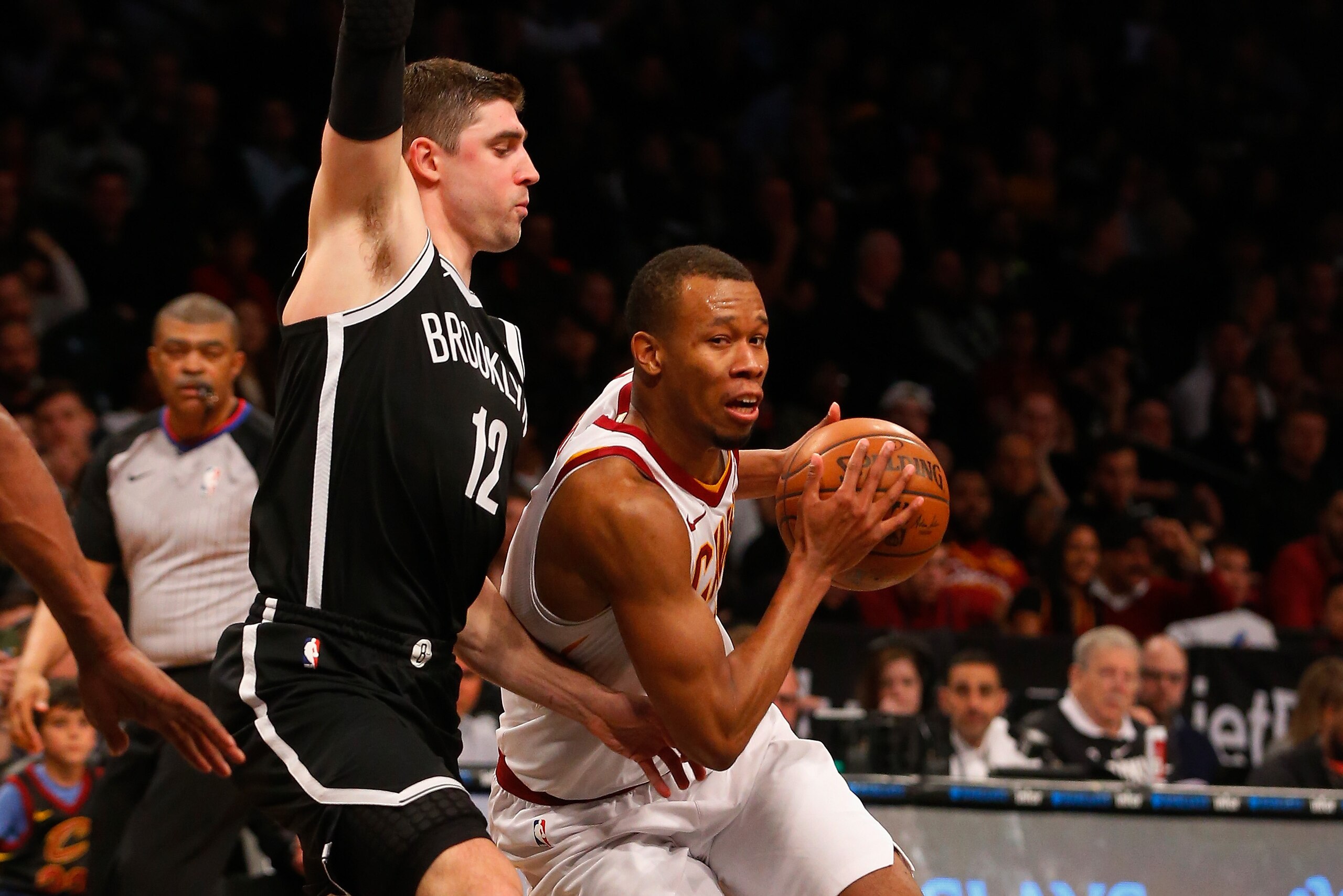 BROOKLYN, NY - MARCH 25: (NEW YORK DAILIES OUT) Rodney Hood #1 of the Cleveland Cavaliers in action against Joe Harris #12 of the Brooklyn Nets at Barclays Center on March 25, 2018 in the Brooklyn borough of New York City. The Cavaliers defeated the BROOKLYN, NY - MARCH 25: (NEW YORK DAILIES OUT) Rodney Hood #1 of the Cleveland Cavaliers in action against Joe Harris #12 of the Brooklyn Nets at Barclays Center on March 25, 2018 in the Brooklyn borough of New York City. The Cavaliers defeated the