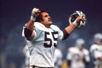 NEW ORLEANS, LA - JANUARY 25:  Matt Millen #55 of the Oakland Raiders celebrates after a play against the Philadelphia Eagles during Super Bowl XV at the Louisiana Superdome January 25, 1981 in New Orleans, Louisiana. The Raiders won the Super Bowl 27-10.